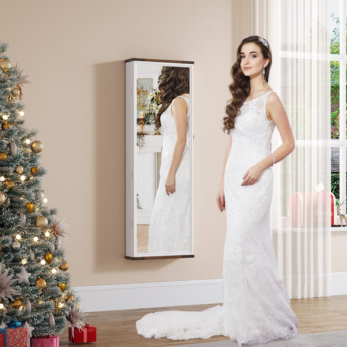 FREDEES Farmhouse Jewelry Organizer,Jewelry Armoire Cabinet with LED Lights Wall or Door Mounted, Full Length Mirror with Storage&Lockable,Interior Mirror,White FREDEES