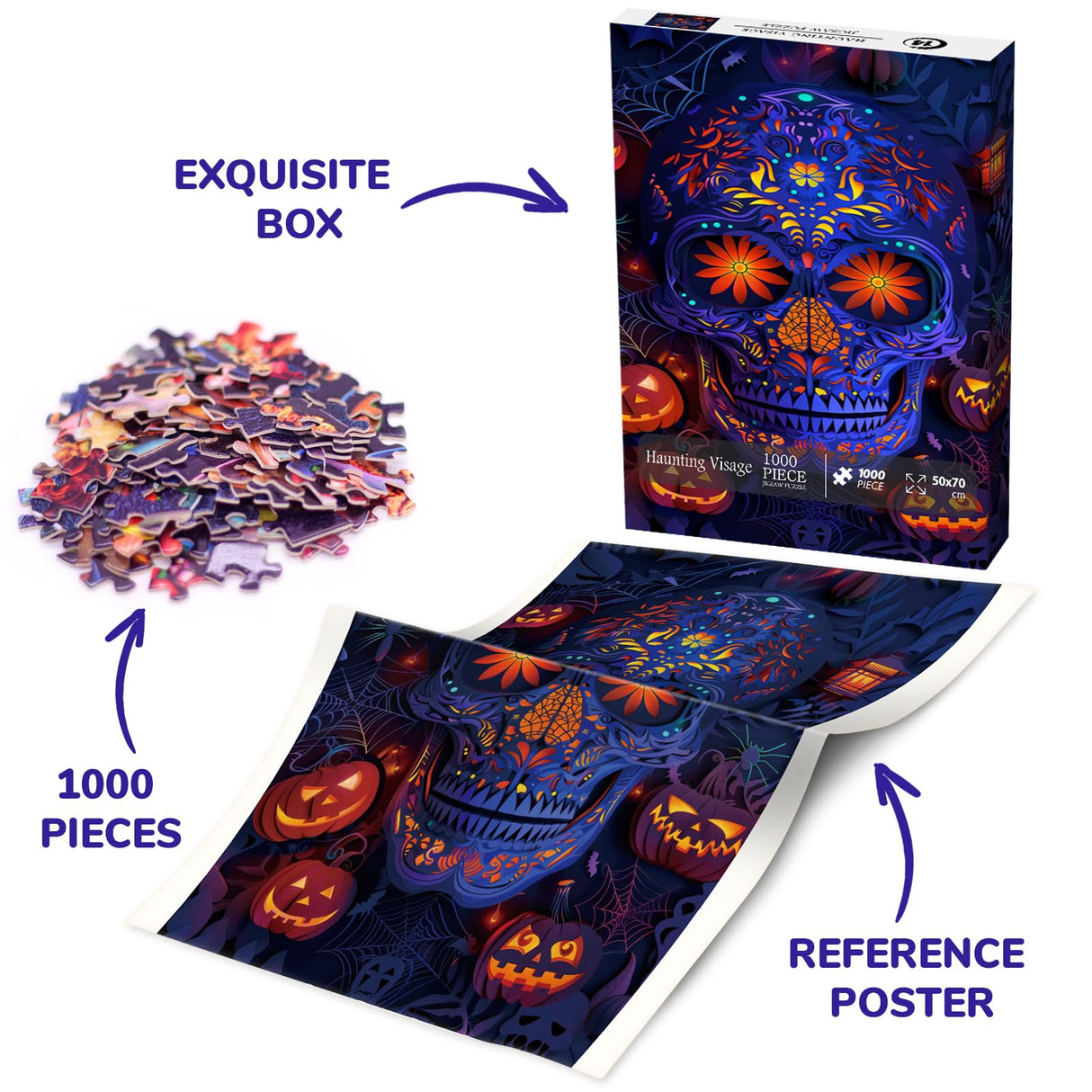 Halloween Horror Skull Puzzle for Adults 1000 Pieces, Holiday Flower Skeleton Jigsaw Puzzle, Pumpkin Ghost Spider Puzzle BBOLDIN
