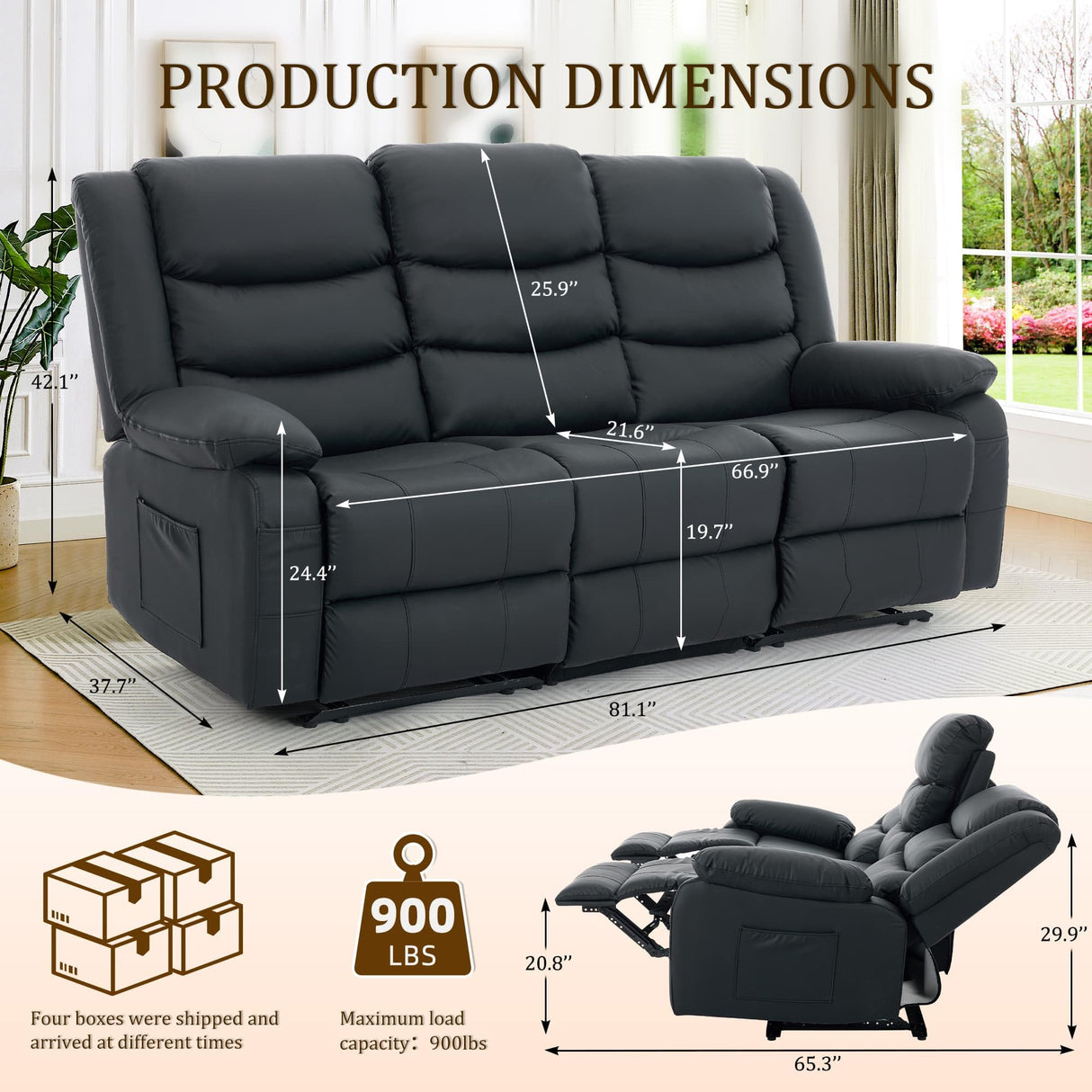 Korser Recliner Sofa, Reclining Loveseat with Console, Oversized Reclining Couch with Drop Down Table, 3-Seater Leather Sofa with Cup Holder and Recessed Power Strip, Black Korser