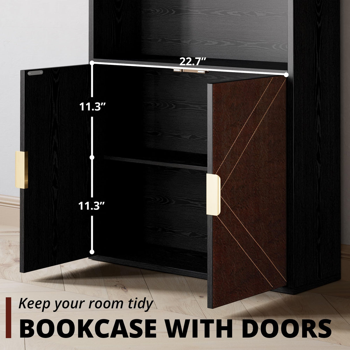IRONCK Book Shelf and Bookcase with Leather Doors, 70" Tall Bookshelf, 6 Tier Display Case Floor Standing for Home Office, Living Room, Black IRONCK