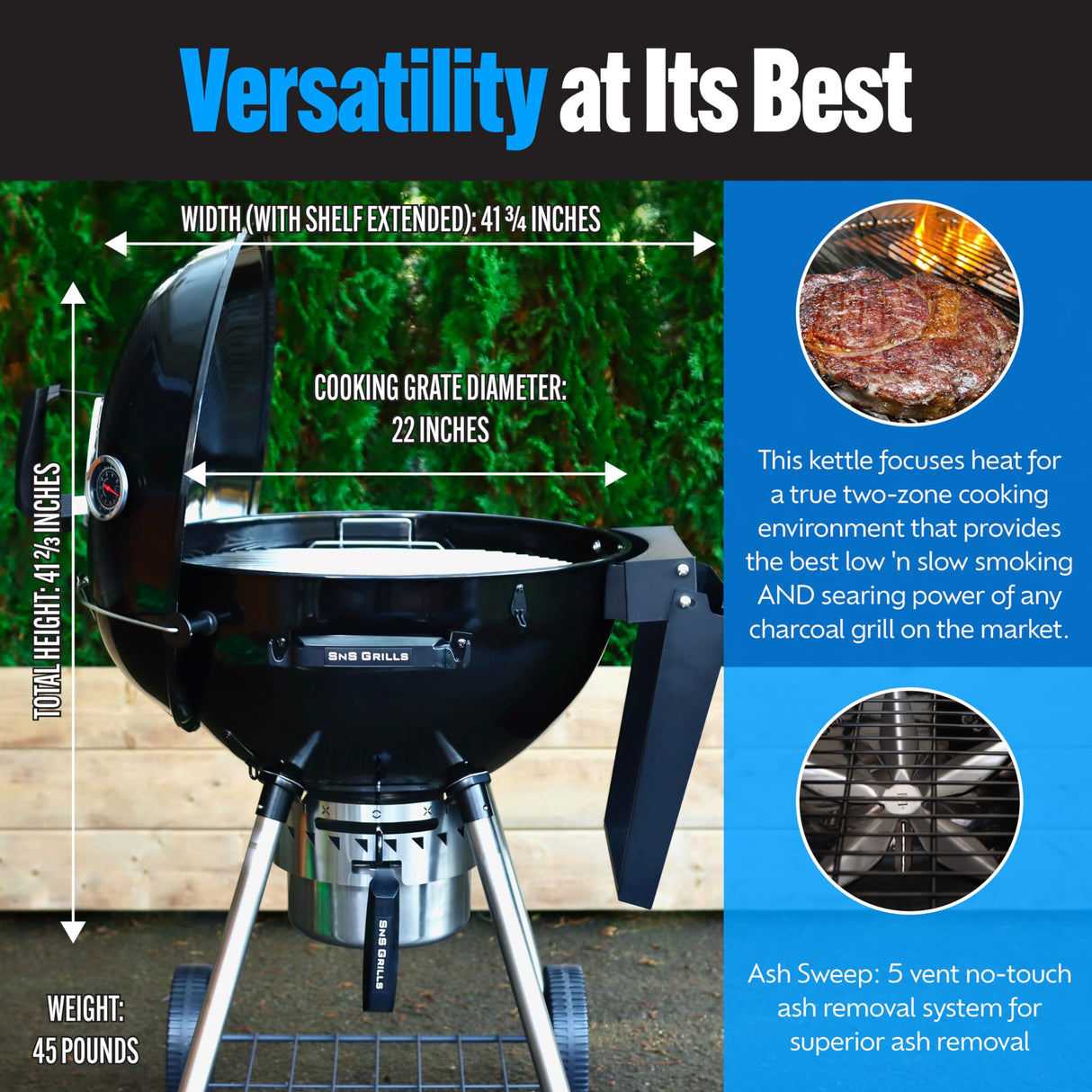 SnS Grills Patented Slow ‘N Sear® Kettle Grill with Deluxe Insert and Easy Spin Grate for Two-Zone Charcoal Grill Cooking, Low ‘N Slow Smoking and BBQing - Black 22-Inch Slow 'N Sear
