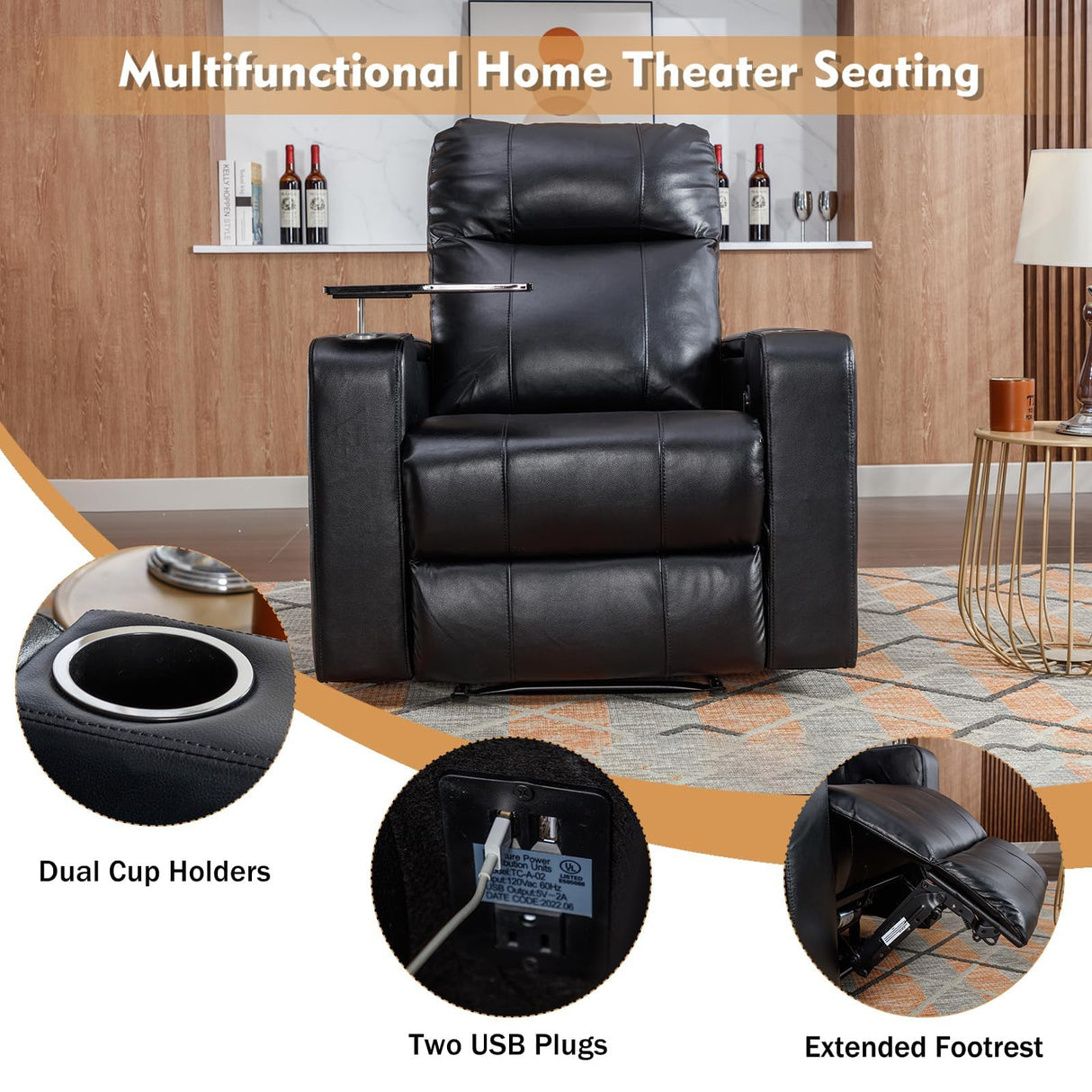 ANJ Power Recliner Chair with USB Ports, Faux Leather Home Theater Seating with Swivel Tray Table, Electric Movie Reclining Chairs with Cup Holders, Hidden Arm Storage (Black) ANJ