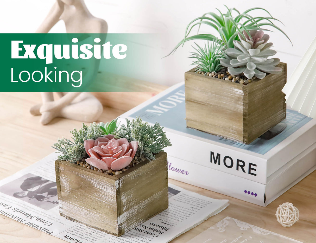 Der Rose Set of 2 Succulents Plants Artificial Fake Plants in Wood Pots with Pink Fake Flowers for Farmhouse Bathroom Desk Sheif Decor Der Rose