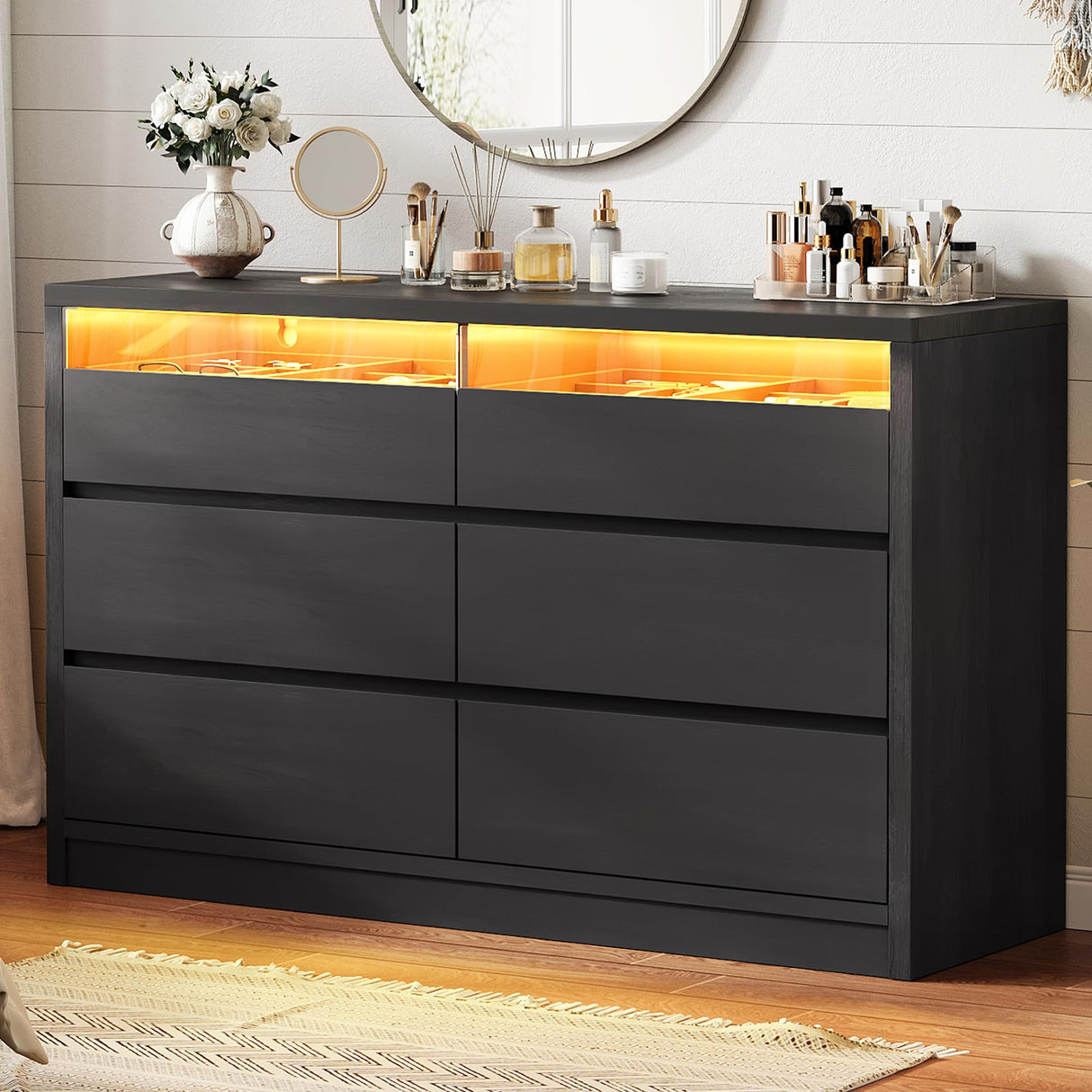 Jocoevol Modern Black 6 Drawer Dresser for Bedroom with LED Light, Large Chest of Drawers with Hidden Handles, Double Wooden Dresser Closet for Living Room, Entryway, Hallway - Black Jocoevol