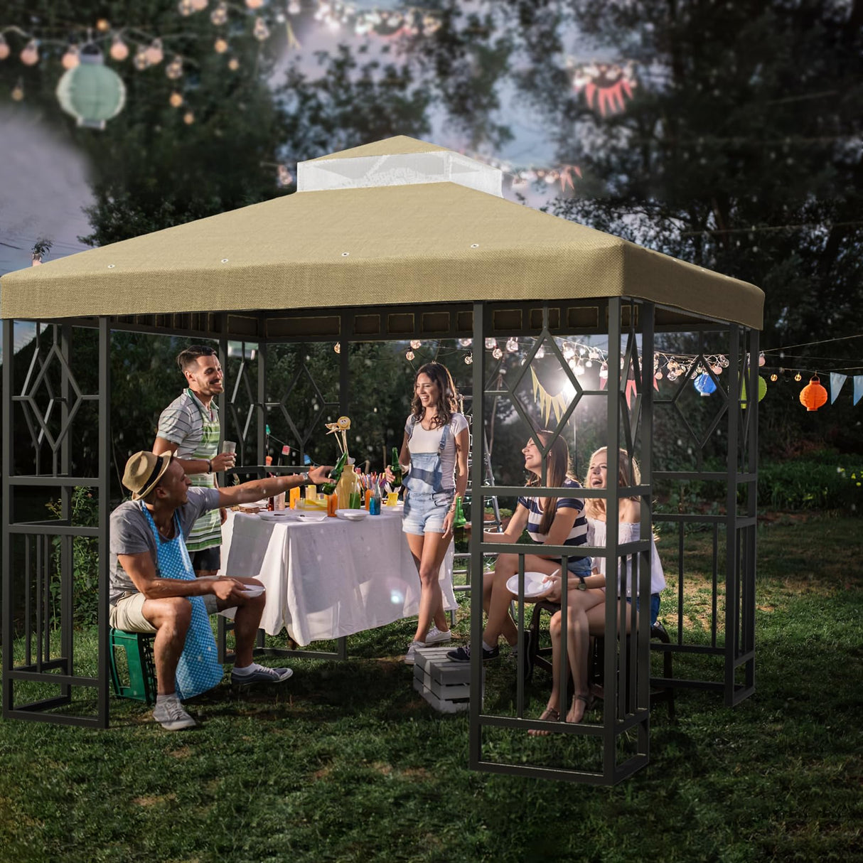 SGmory 10x10 FT Grill Gazebo Canopy Replacement Top, Pavilion Sunshade Polyester Gazebo Cover with Air Vent, Grill Canopy for Yard Patio Garden & Outdoor BBQ (Khaki) SGmory