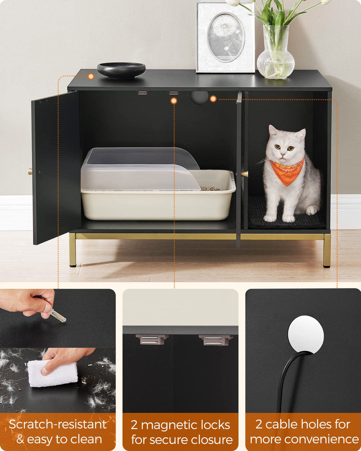 Feandrea Litter Box Enclosure, Modern Cat Litter Box Furniture Hidden, with Scratching Mat, Tall Legs, Cat House, Side End Table, 31.5 x 19.7 x 21.7 Inches, Black and Gold UPCL007B01 Feandrea