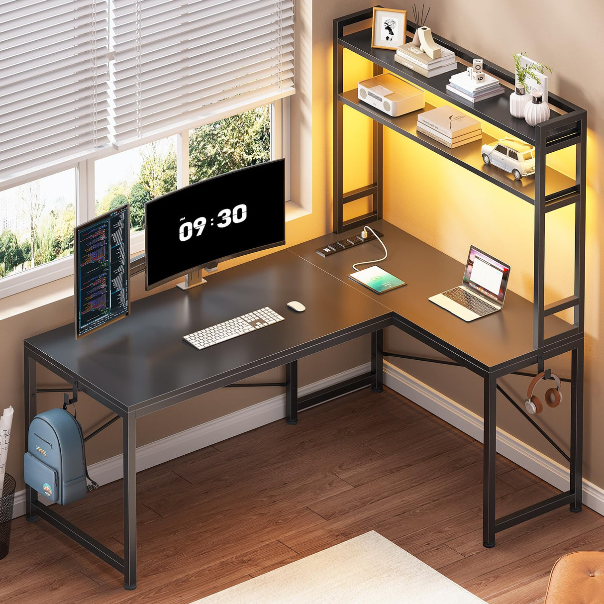 SEDETA L Shaped Gaming Desk, Reversible 45.3” Small Corner Desk with Power Outlet and LED Lights, Corner Gaming Desk with Storage Shelves, Hooks and Hooks for Small Space, Black SEDETA