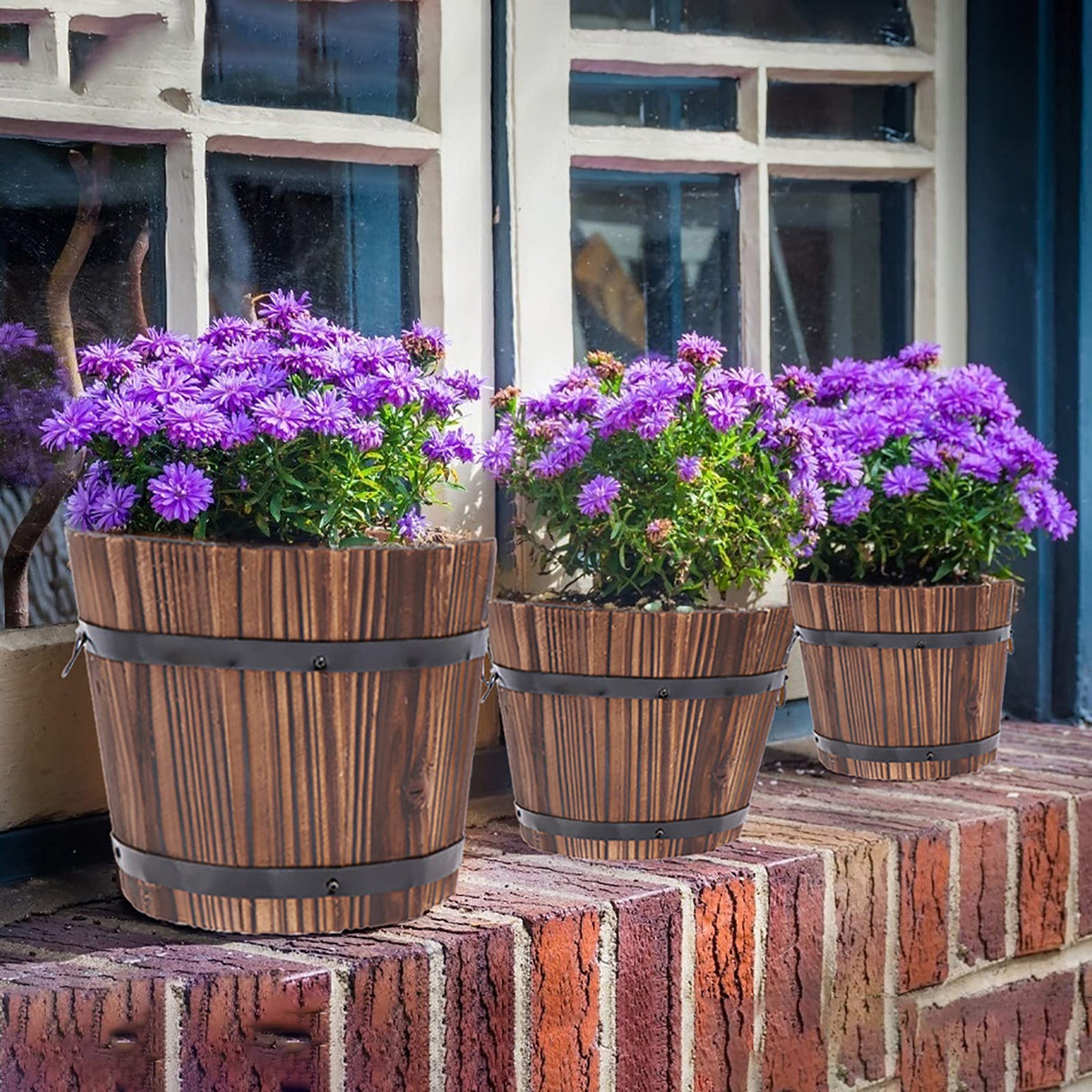 3 Pcs Rustic Wooden Barrels Planters Whiskey Barrels Bucket with Handle Flower Planter Plant Pots Boxes Container Water Wishing Well Pail Garden Backyard Primitive Planter Outdoor Indoor Home Decor WWahuayuan