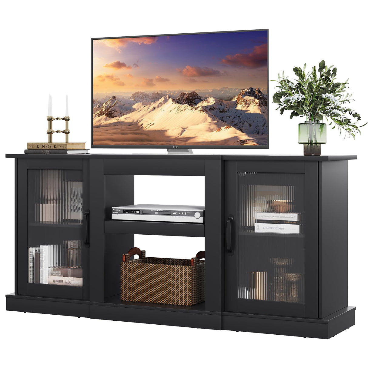 WLIVE Retro TV Stand for 65 inch TV, TV Console Cabinet with Storage, Open Shelves Entertainment Center for Living Room and Bedroom, Black WLIVE