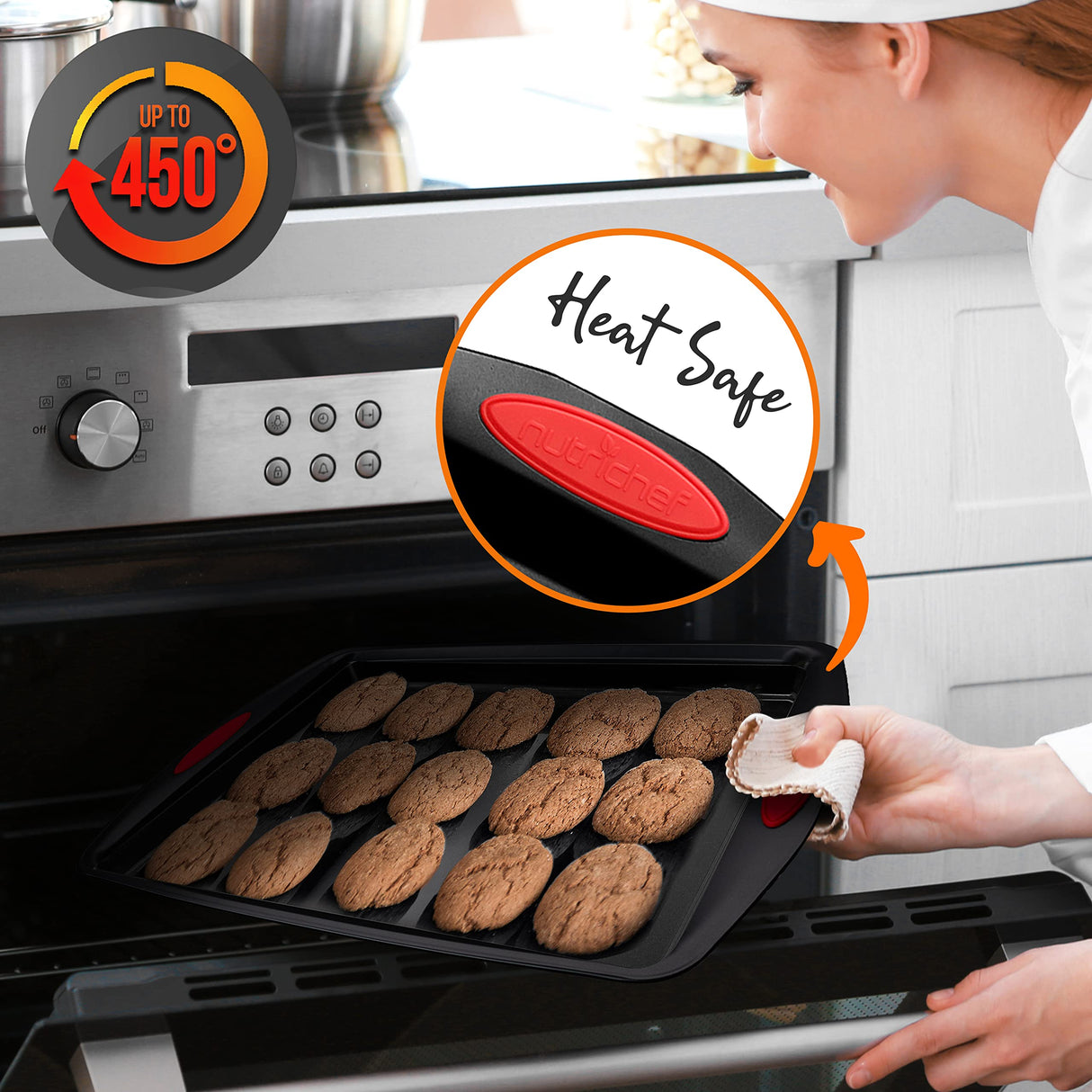 NutriChef 15-Piece Baking Pan Set - Flexible Nonstick Coating Carbon Steel Bakeware - Professional Home Kitchen Bakeware with Stackable Cookie Sheet Trays and Red Silicone Handles (Black) NutriChef