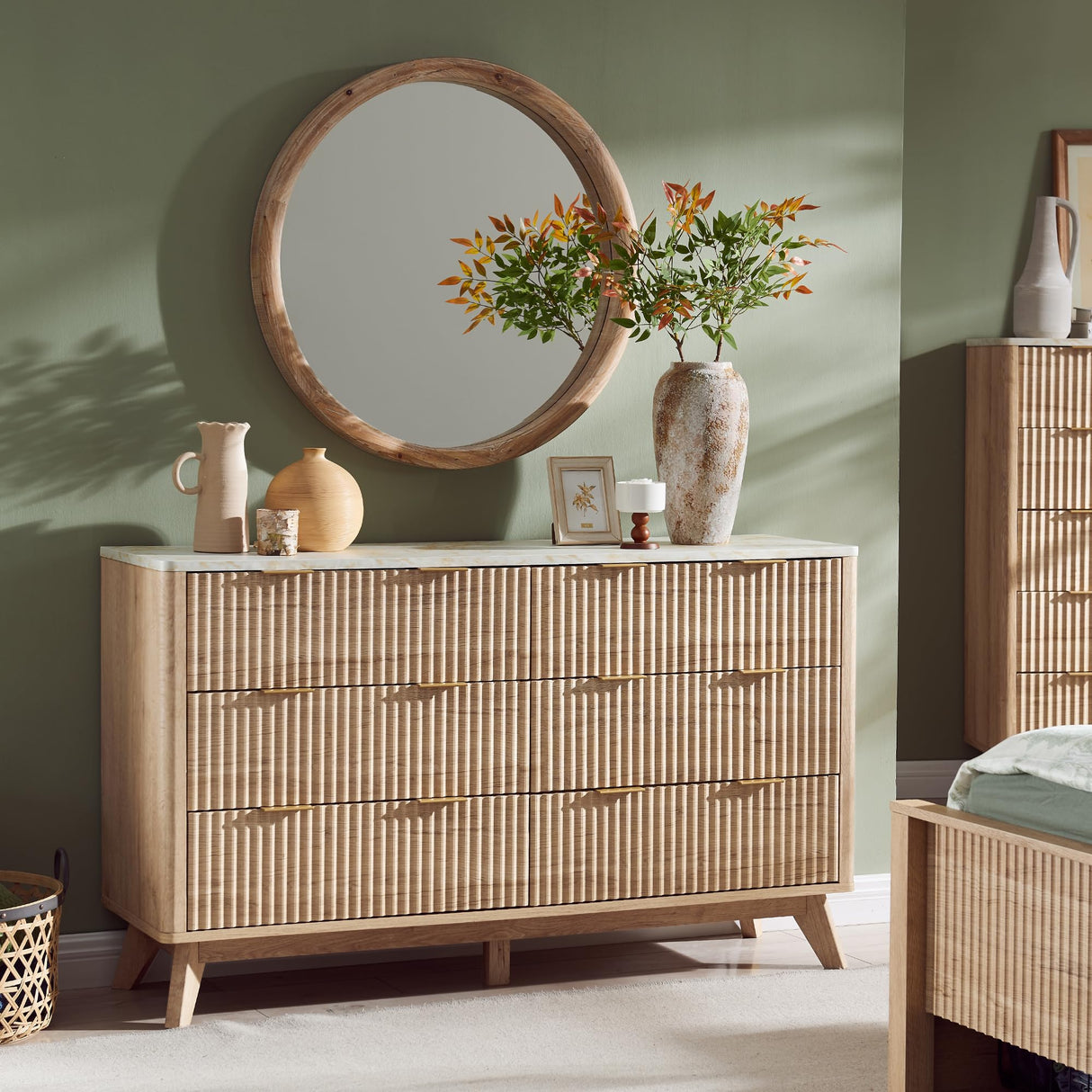 T4TREAM Fluted 6 Drawers Dresser, 54" Wide Modern Chest of Drawers with Faux Marble Top, Curved Profile Design, Dresser TV Stand, Wood Drawer Organizer for Bedroom, Living Room, Hallway, Natural Oak T4TREAM