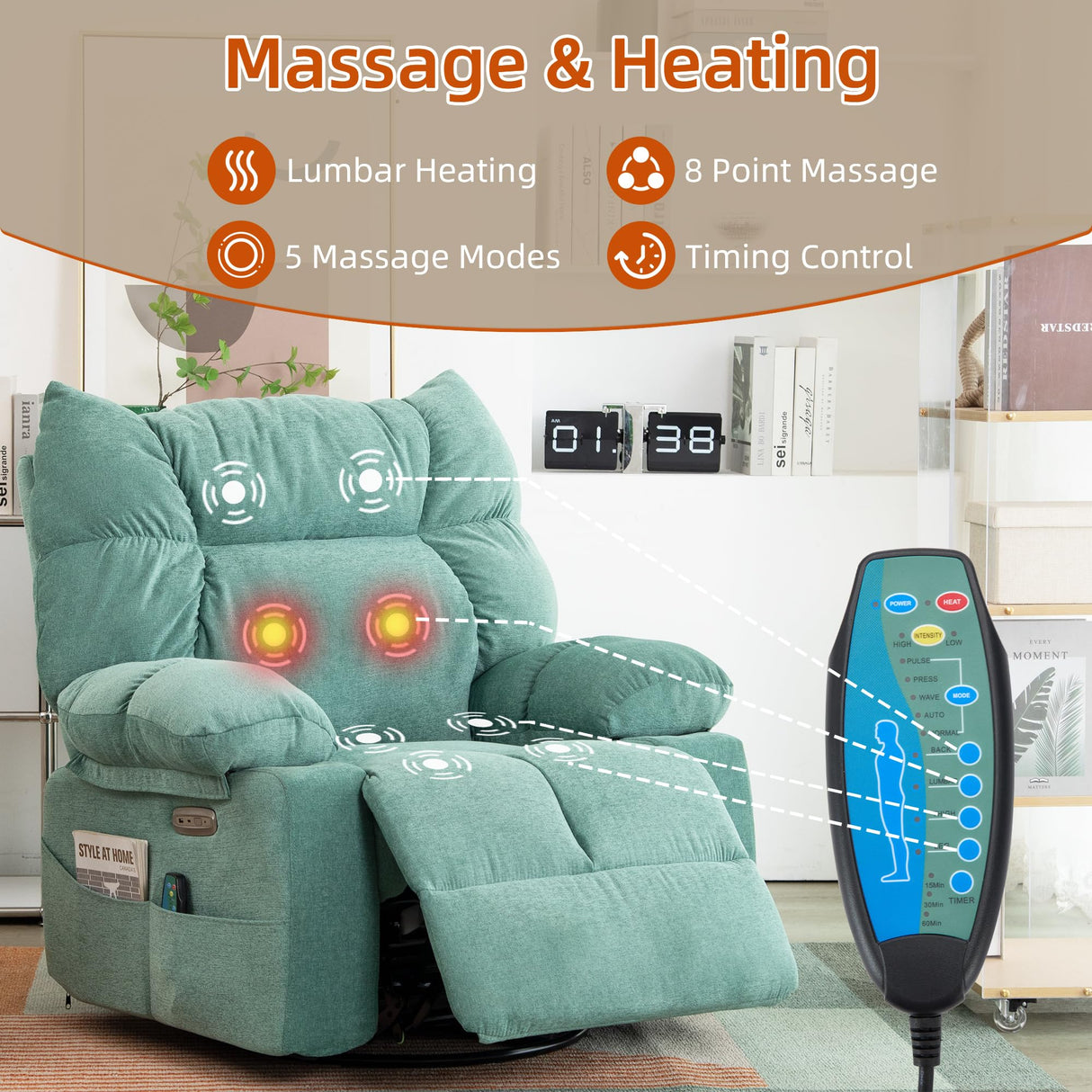 DYHOME Rocking Recliner Chair, Green Swivel Massage Rocker Recliner Chair with Heated, Electric Recliner Chairs for Adults, Modern Lazy Boy Single Lounge Sofa for Living Room,Bedroom, Nursery DYHOME