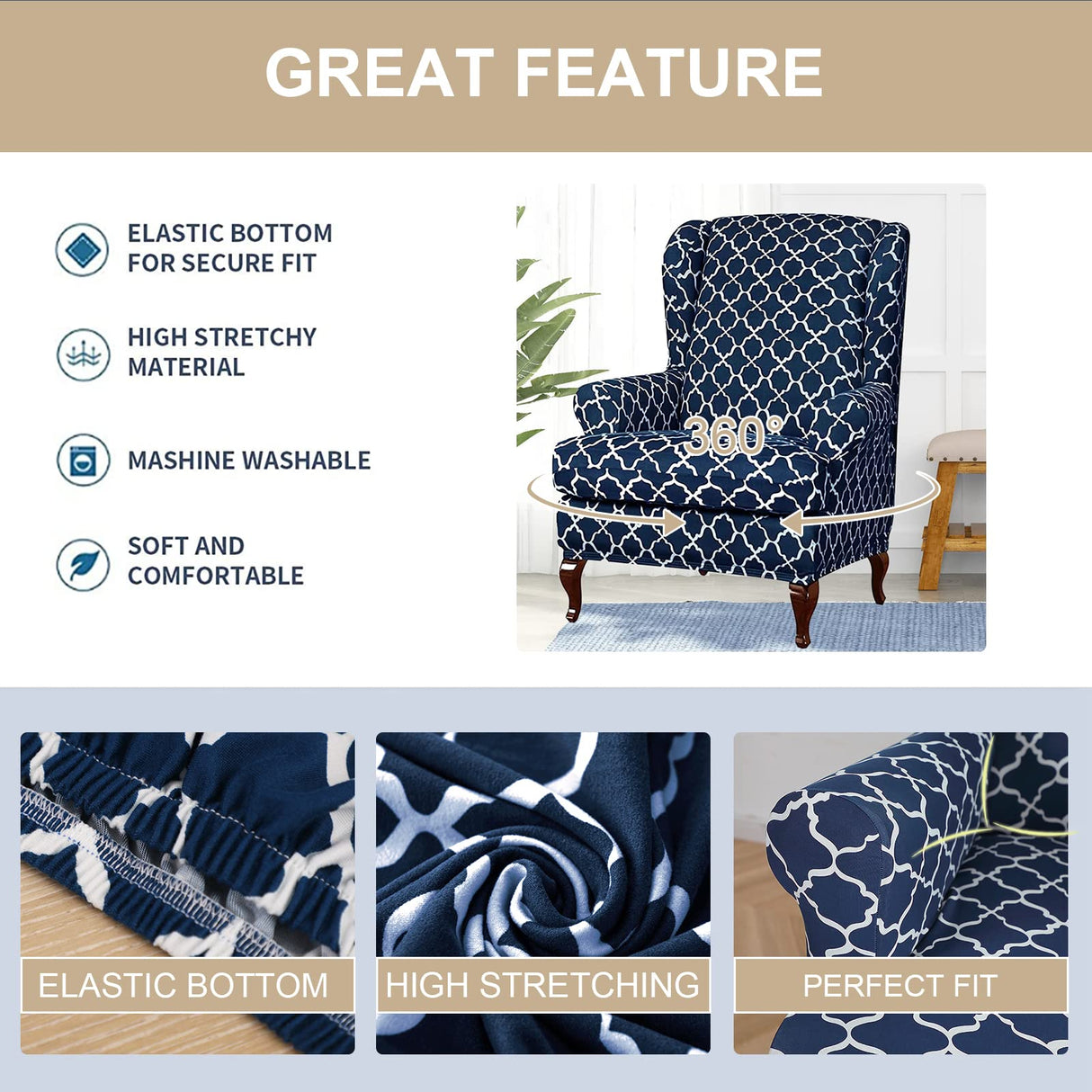 Eco-Ancheng Wingback Chair Slipcover 2 Piece Wingback Chair Cover Spandex Wing Chair Slipcovers Wingback Armchair Covers with Elastic Bottom for Living Room Wingback Chair Eco-Ancheng