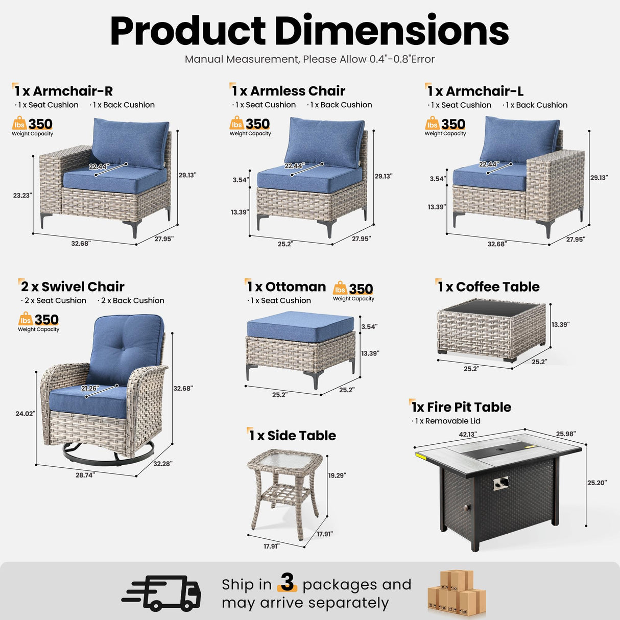 ovios 9 Pieces Patio Furniture Set Outdoor Sectional Sofa Couch with Fire Pit Table Rocking Swivel Chairs Deep Seat Chaise, Modern Modular Wicker Rattan Conversation Set, Denim Blue ovios