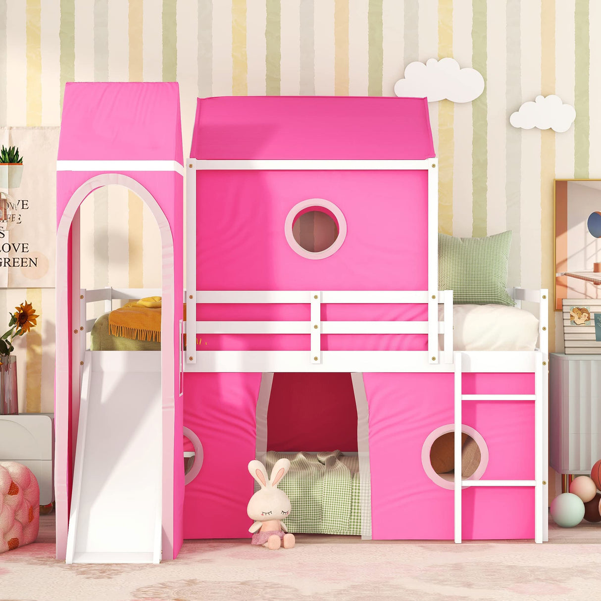 Harper & Bright Designs Kids Loft Bed with Slide and Tent, Twin Size House Loft Bed with Tower and Ladder, Wood Loft Bed Twin Playhouse Bed Frame for Boys Girls Teens, Pink Harper & Bright Designs