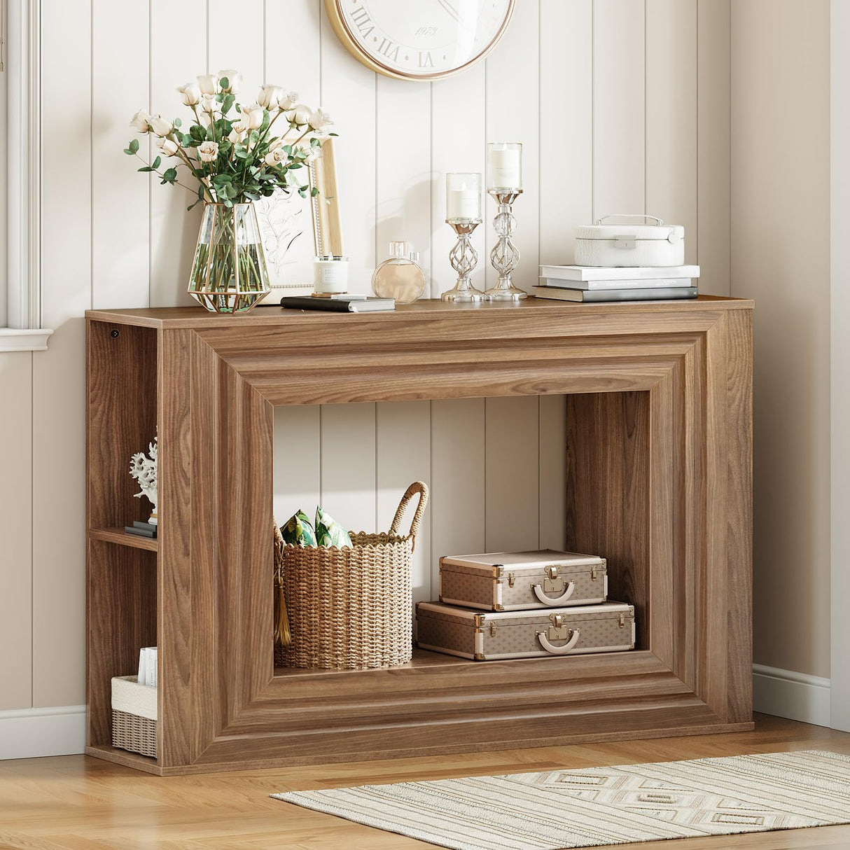 HOOBRO Farmhouse Console Table, 43.3 Inches Entryway Table, Sofa Table, Behind Couch Table with Side Storage Shelving, Hallway Accent Table for Entrance, Living Room, Bedroom, Foyer, Walnut WL87XG01 HOOBRO