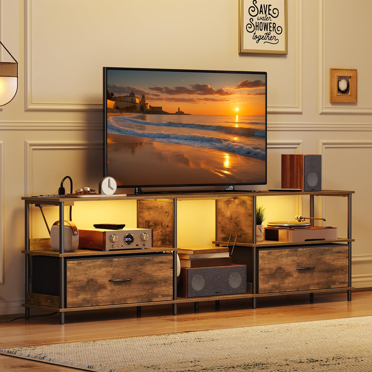 MAHANCRIS LED TV Stand with Charging Station and 2 Fabric Drawers, Entertainment Center for TVs up to 80", TV Console Table with Open Storage Shelf, for Living Room, Rustic Brown TVHR136E01 MAHANCRIS