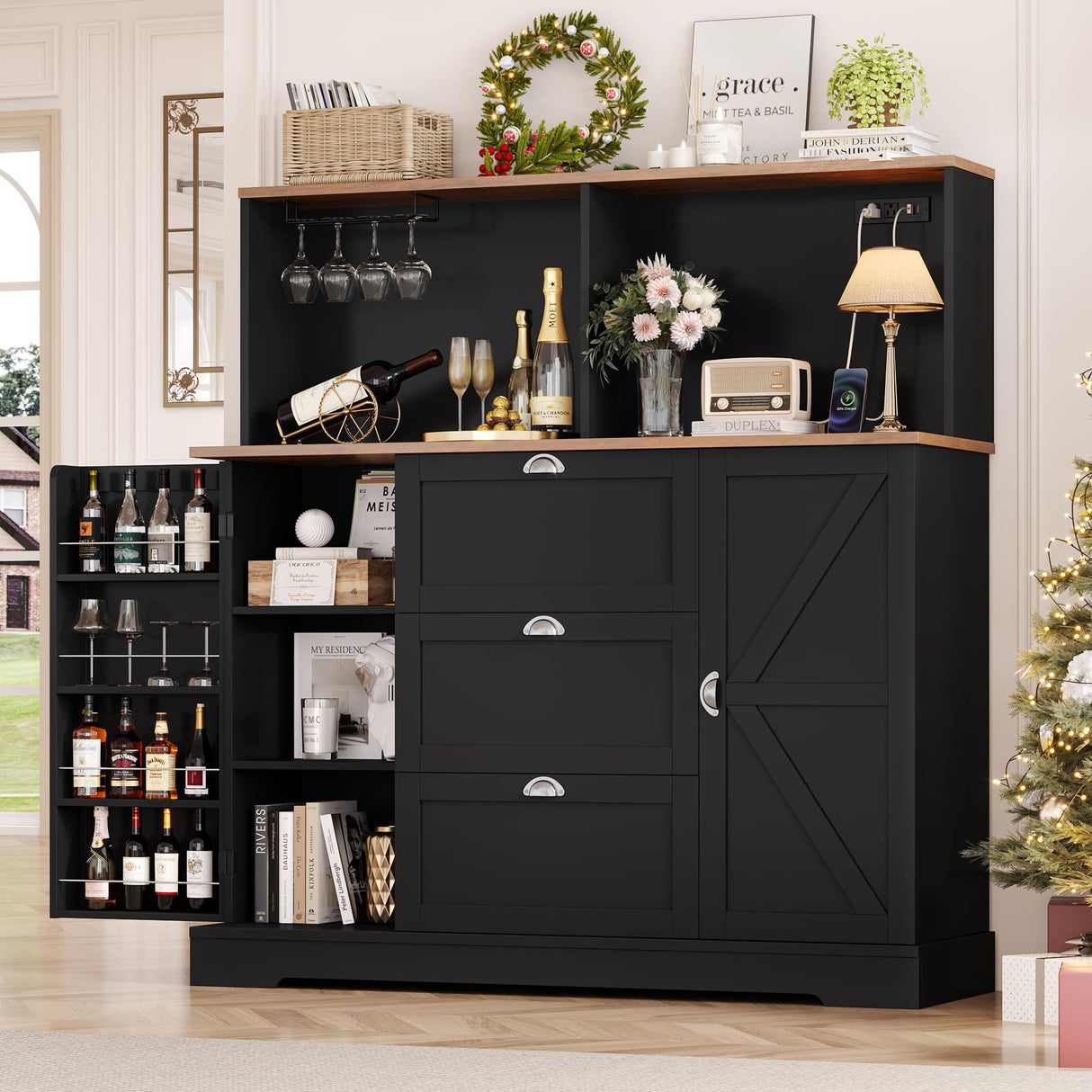 HIFIT Kitchen Pantry Buffet Cabinet with Storage and Charging Station, Farmhouse Kitchen Storage Cabinet Coffee Bar with Wine Rack|Barn Door|Microwave Stand|Door Shelves for Living Room, Black HIFIT