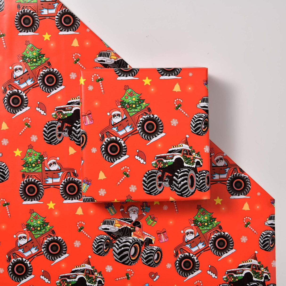 Titiweet Monster Truck Christmas Wrapping Paper - 17" x 16.4 ft - Monster Truck with Santa, Christmas Trees, Candy Canes Design for Kids Titiweet