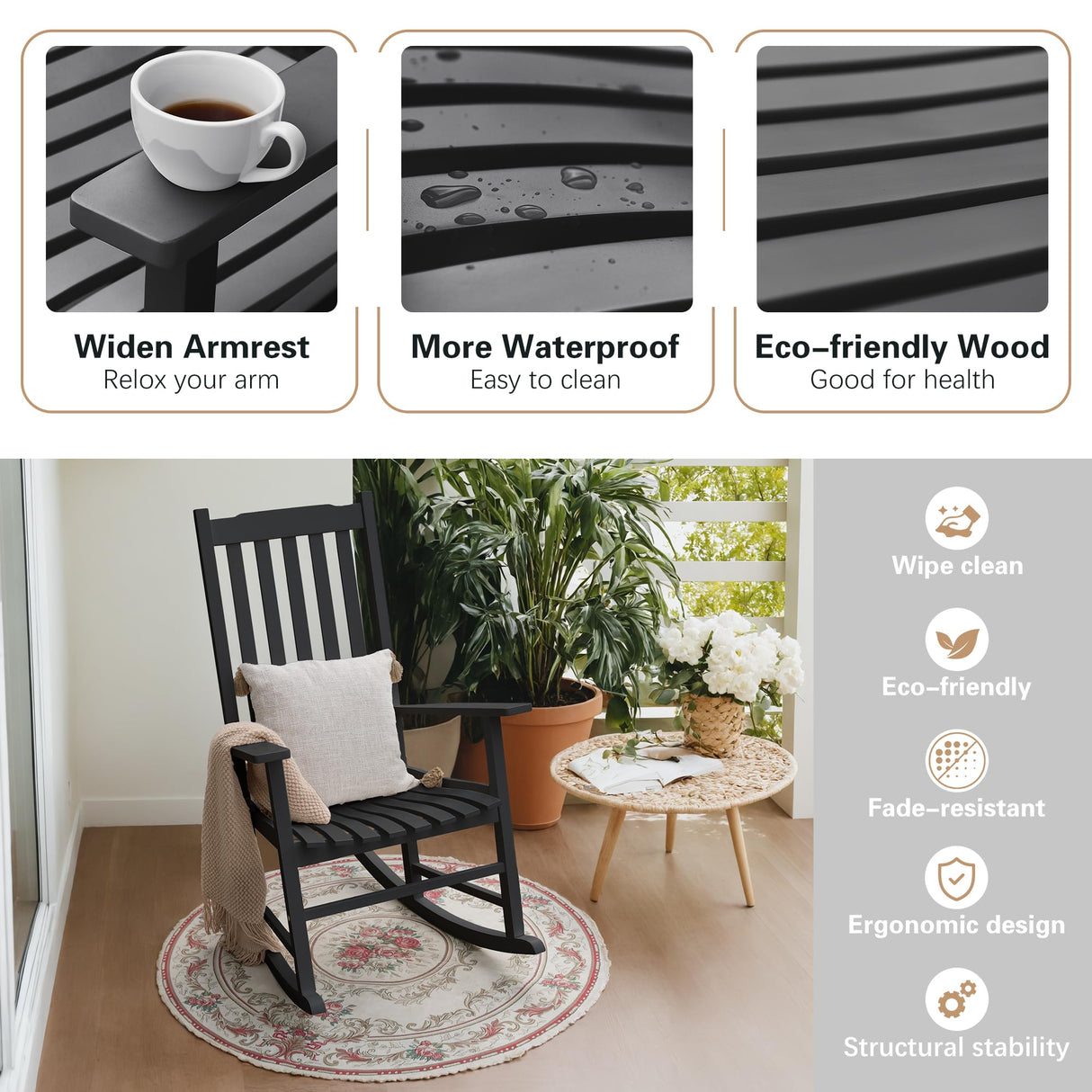 Greesum Outdoor Rocking Chair, Acacia High Back Oversized All-Weather Lounge Rocker with 320 lbs of Support for Patio, Garden, Deck, Porch,Brown Greesum