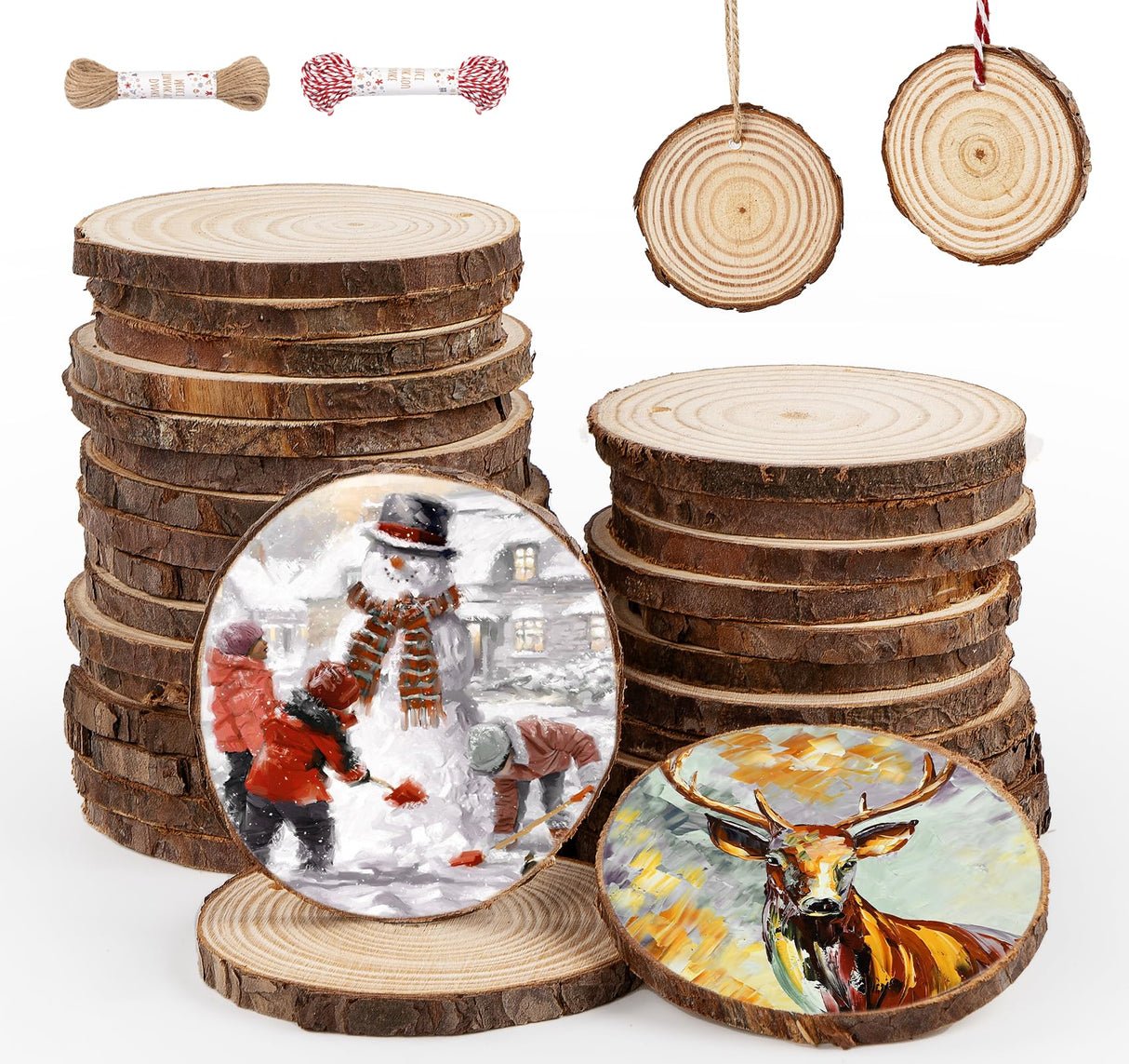 ilauke Wood Slices, 30 Pcs 2.7"-3.1" Natural Wood Slices with Predrilled Hole, Unfinished Wood with Bark, Wooden Circles for Crafts and Paint DIY Ornaments Christmas Crafts Arts Wedding Decor ilauke