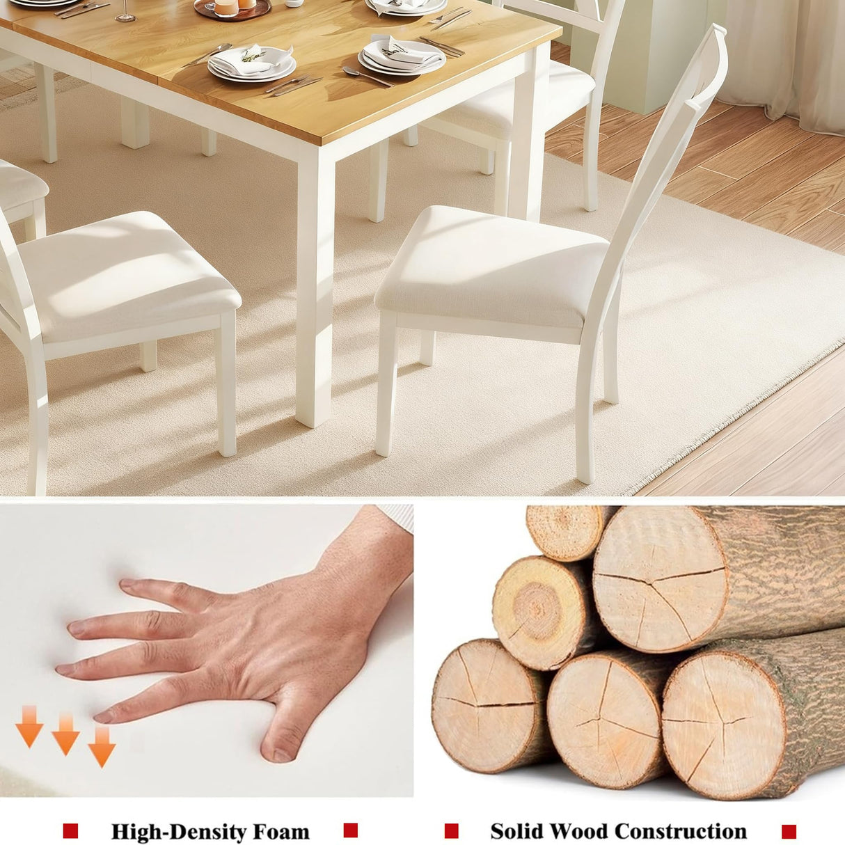 PLAUIN 7-Piece Farmhouse Dining Table Set with 6 Chairs - Solid Wood Kitchen Table Perfect for Small Space, Dining Room & Office, Rustic Cream PLAUIN