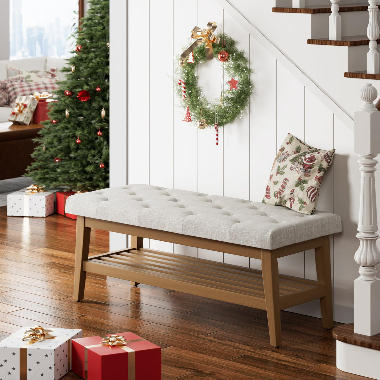 HUIMO Entryway Shoe Bench, End of Bed Bench,Upholstered Button-Tufted Bench for Kitchen, Fabric Ottoman Bench for Living Room, Padded Bench with Solid Wood Shelf Beige HUIMO