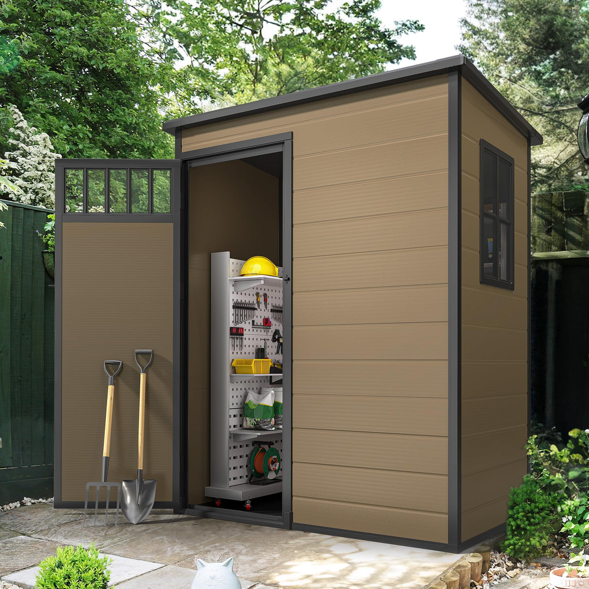 DWVO 5x3FT Outdoor Storage Shed, All-Weather Resin Plastic Storage Shed with Windows, Slanted Roof, Raised Floor, 65 cu.ft Capacity for Garden Tools & Equipment, Ideal for Backyard & Garden, Brown DWVO