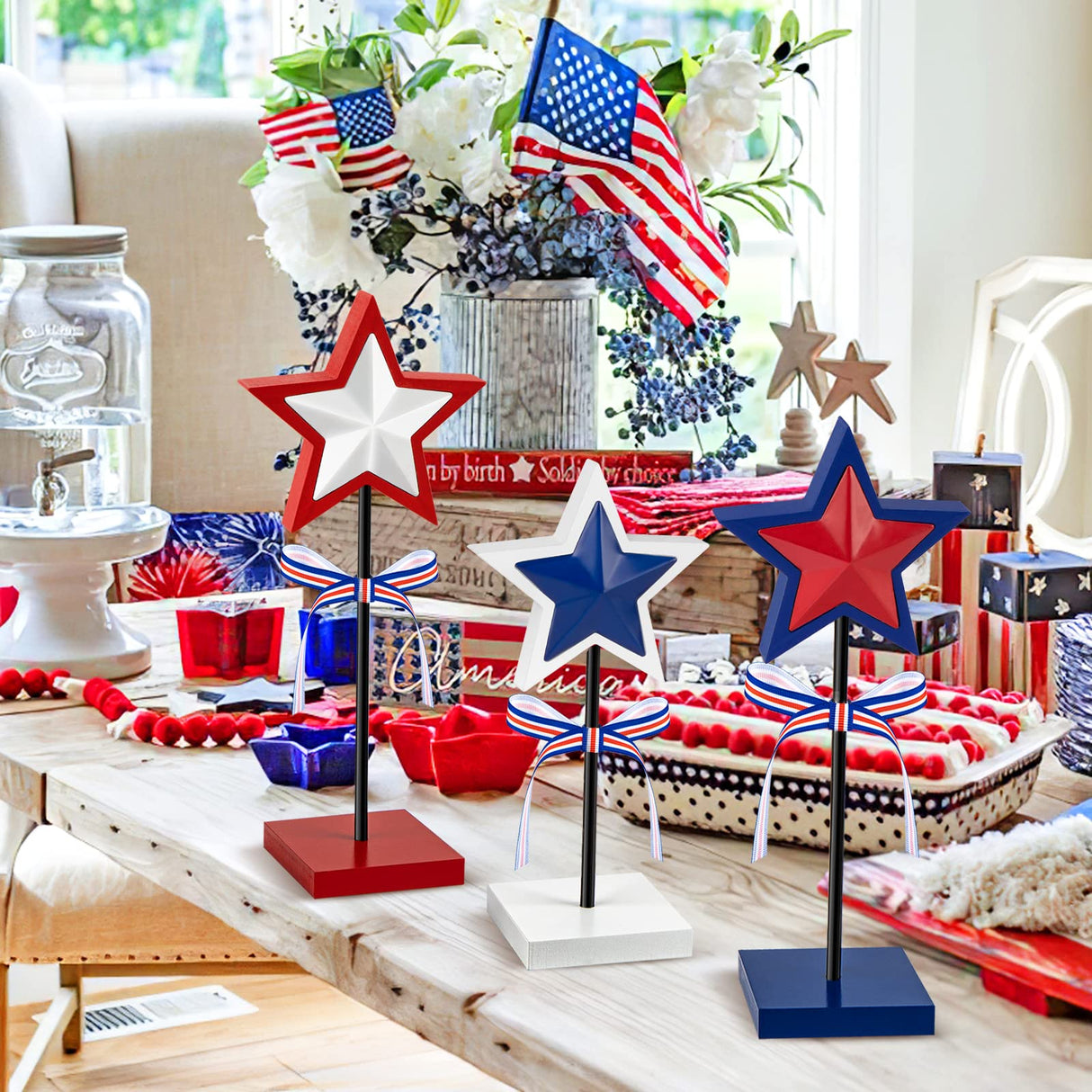 3 Pieces 4th of July Tiered Tray Decor Wood Star Set, Memorial Day Table Decorations, Rustic Patriotic Table Decorations, Red White and Blue Decorations for Home Tables(Classic) Sereliy