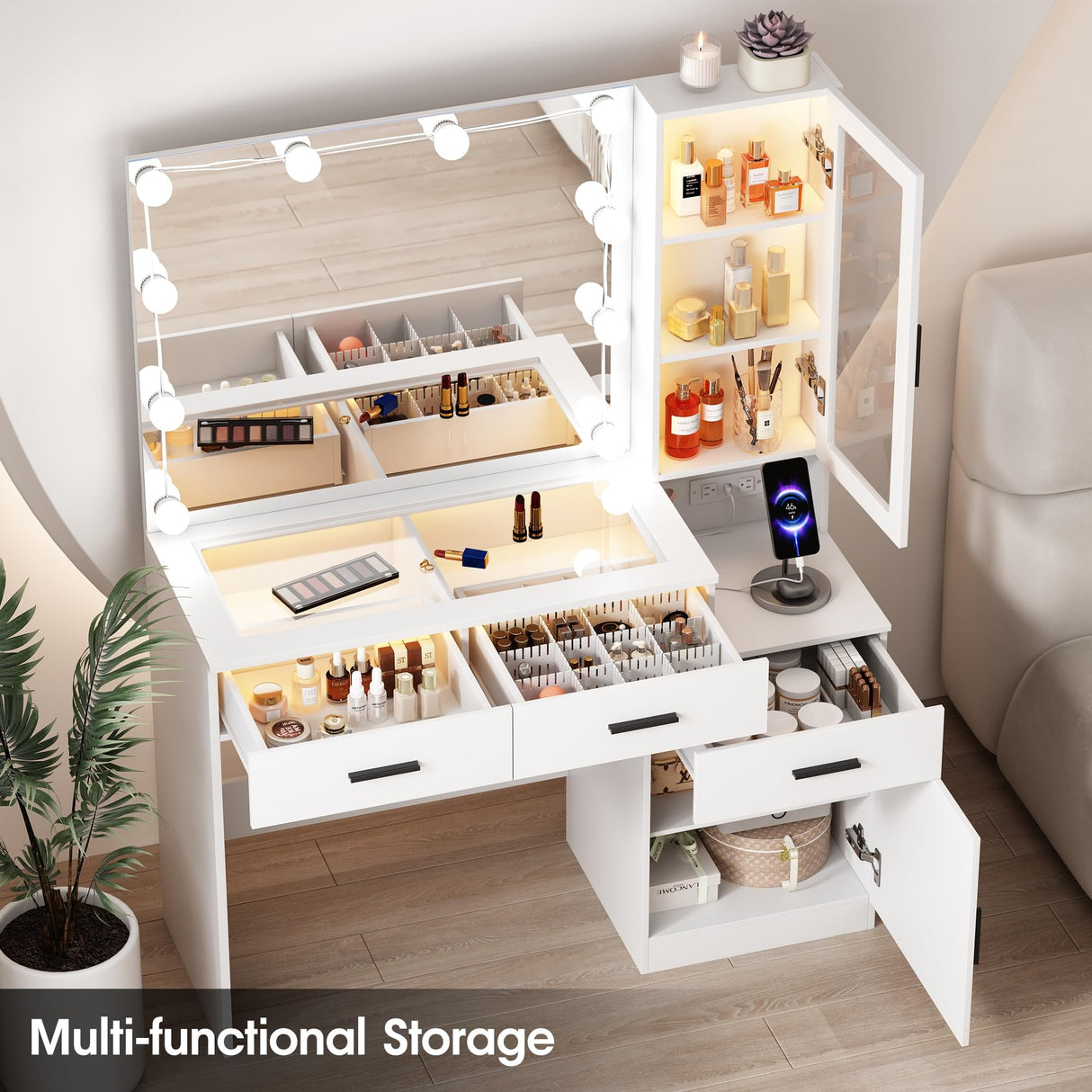 Fameill Makeup Vanity Glass Top with Lights, White Vanity Desk with Mirror & Charging Station, Vanity Table Set with RGB Lights, Large Mirror with 3 Lighting Modes, 3 Drawers & 2 Cabinets, 43in(L) Fameill