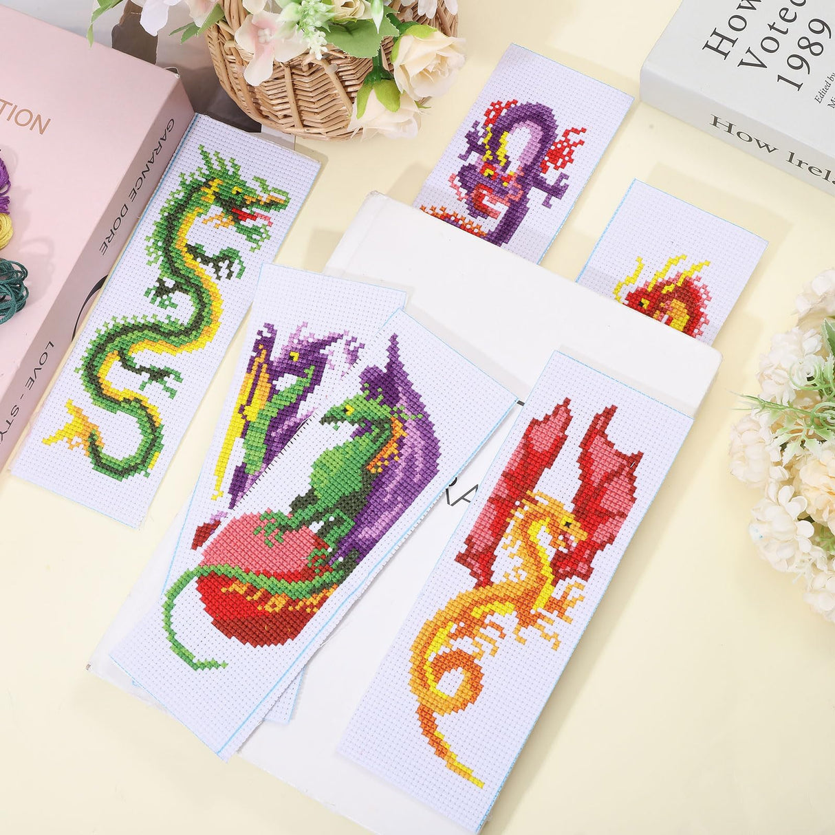 ORIGACH 6 Pcs Cross Stitch Bookmark Kit for Beginner Dragon Pattern Stamped Embroidery Stitch Kits for Starter DIY Bookmarks Printed Cross Stitch Kits with 13 Colors Embroidery Floss ORIGACH