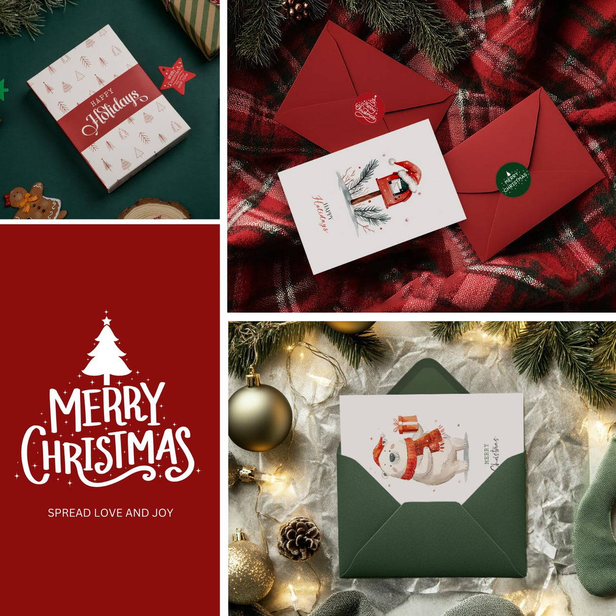 Merry Christmas Cards Boxed with Envelopes, Set of 20 Watercolor Designs Cards - 4x6 Inches Bulk Christmas Cards with Envelopes & Matching Stickers, Smudge-resistant Heavy Duty Cardstock Paper Play