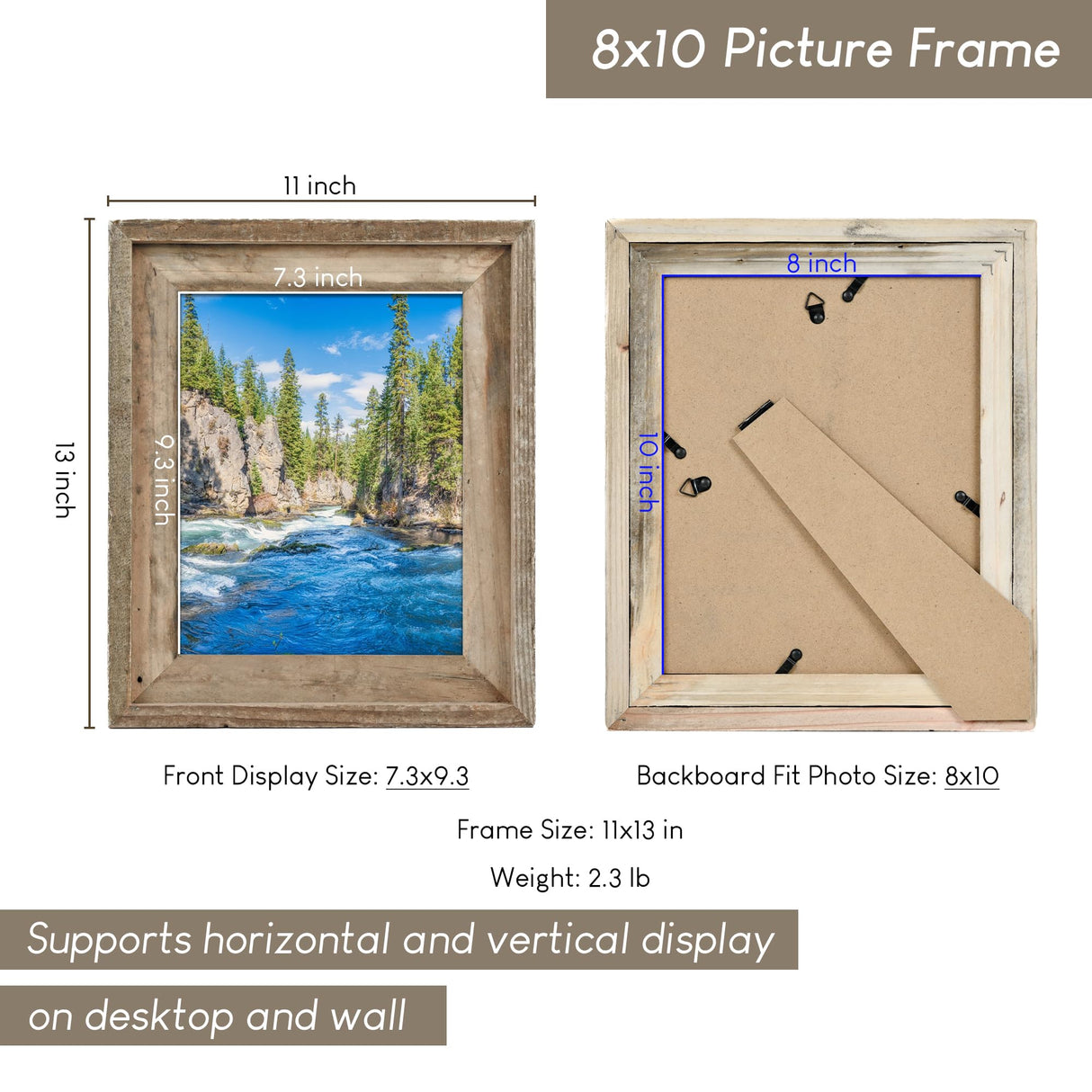 NWDCLF Rustic 8x10 Picture Frame, Reclaimed Barnwood Photo Frame with Real Glass, Distressed Natural Wood Frame for Wall and Tabletop Display, Farmhouse Country Home Office Cabin Décor NWDCLF