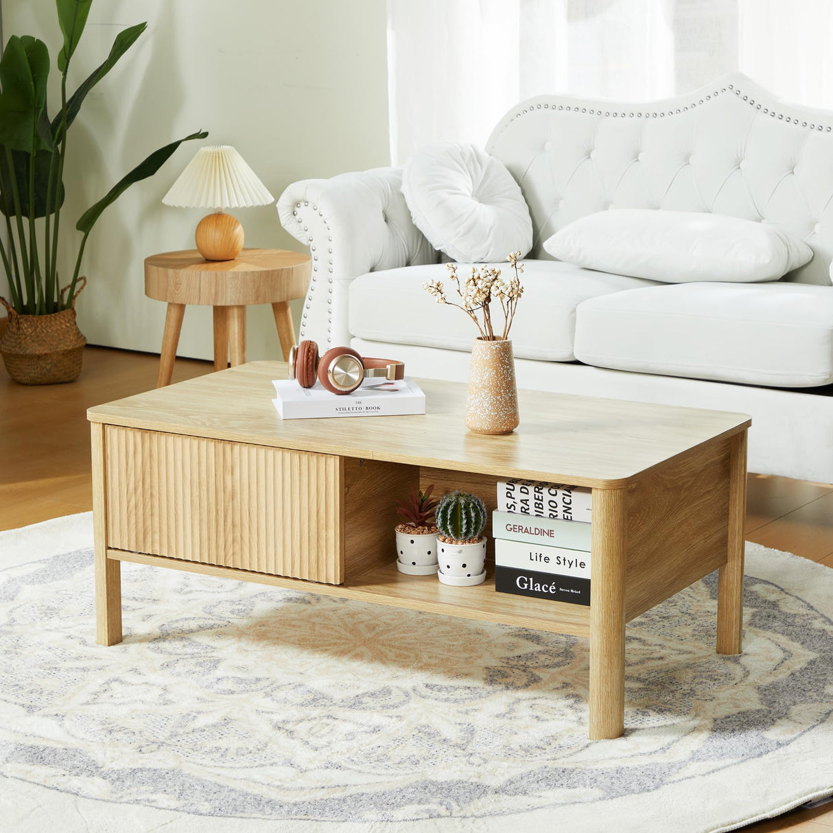 affeivul Rectangle Fluted Coffee Table with Storage and Sliding Drawers, Light Wood Coffee Table, Mid Century Modern Coffee Table Boho Style, Low for Living Room/Bedroom/Office (Natural) affeivul