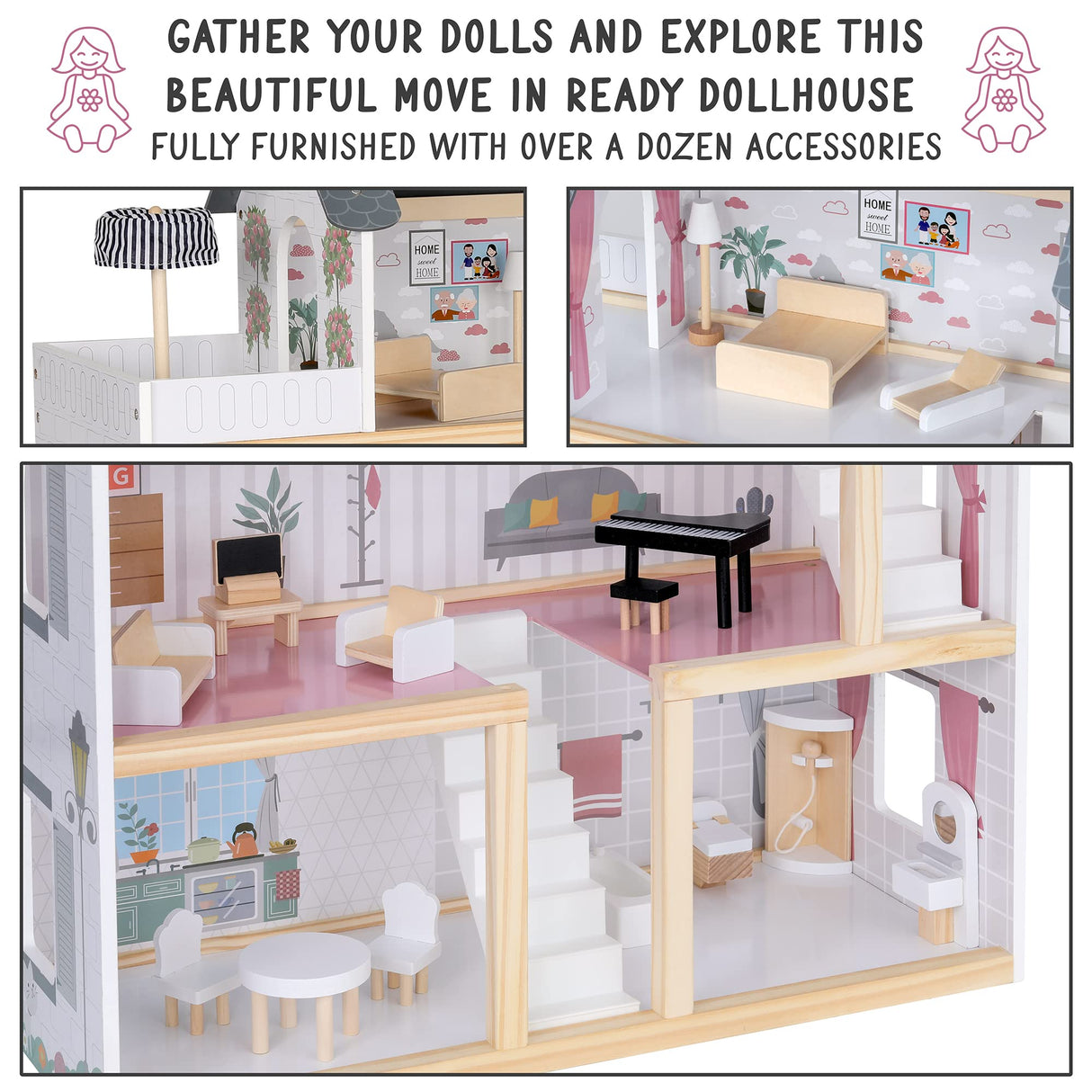Lil' Jumbl Jumbl Kids Wooden Dollhouse, 17-Piece Accessories & Furniture are Included, with Balcony & Stairs, 3 Story Easy to Assemble Doll House Toy Lil' Jumbl