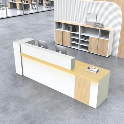 Nuipesn Modern L Shape Reception Desk with Storage – Front Desk Reception Counter with Double-Layer Countertop, Drawer & Open Shelf, for Office, Salon, Retail Store(Maple+White/Right, 71"L*24"W*39"H)