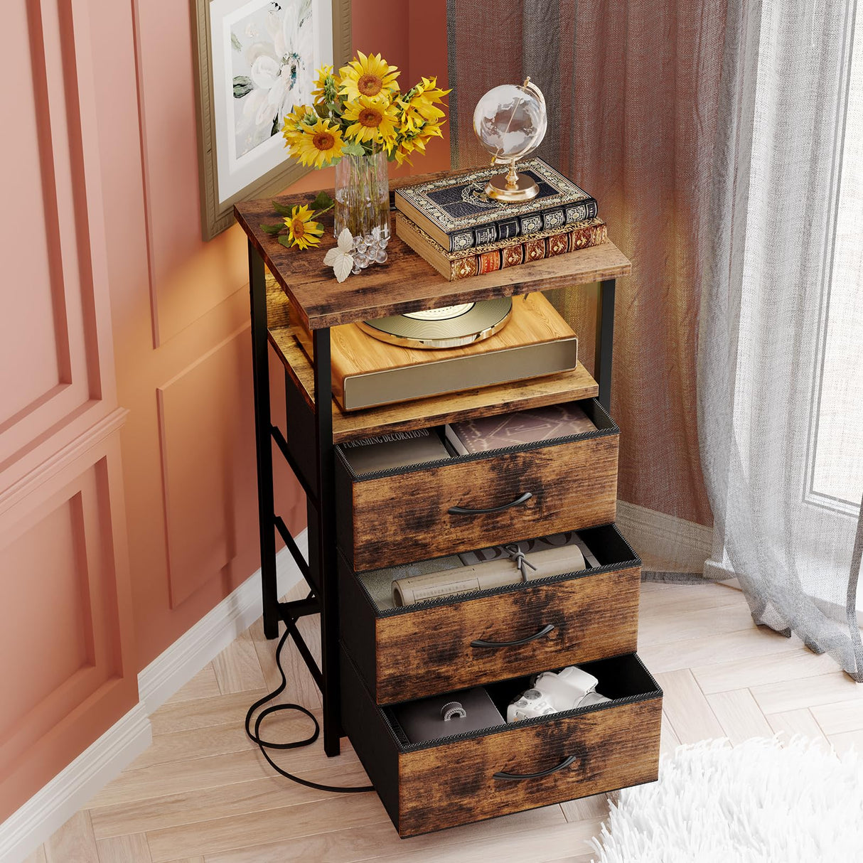 Fixwal Night Stand with Charging Station, LED Nightstand with Fabric Drawers, End Table with PU Finish, Bed Side Table, Rustic Brown Fixwal