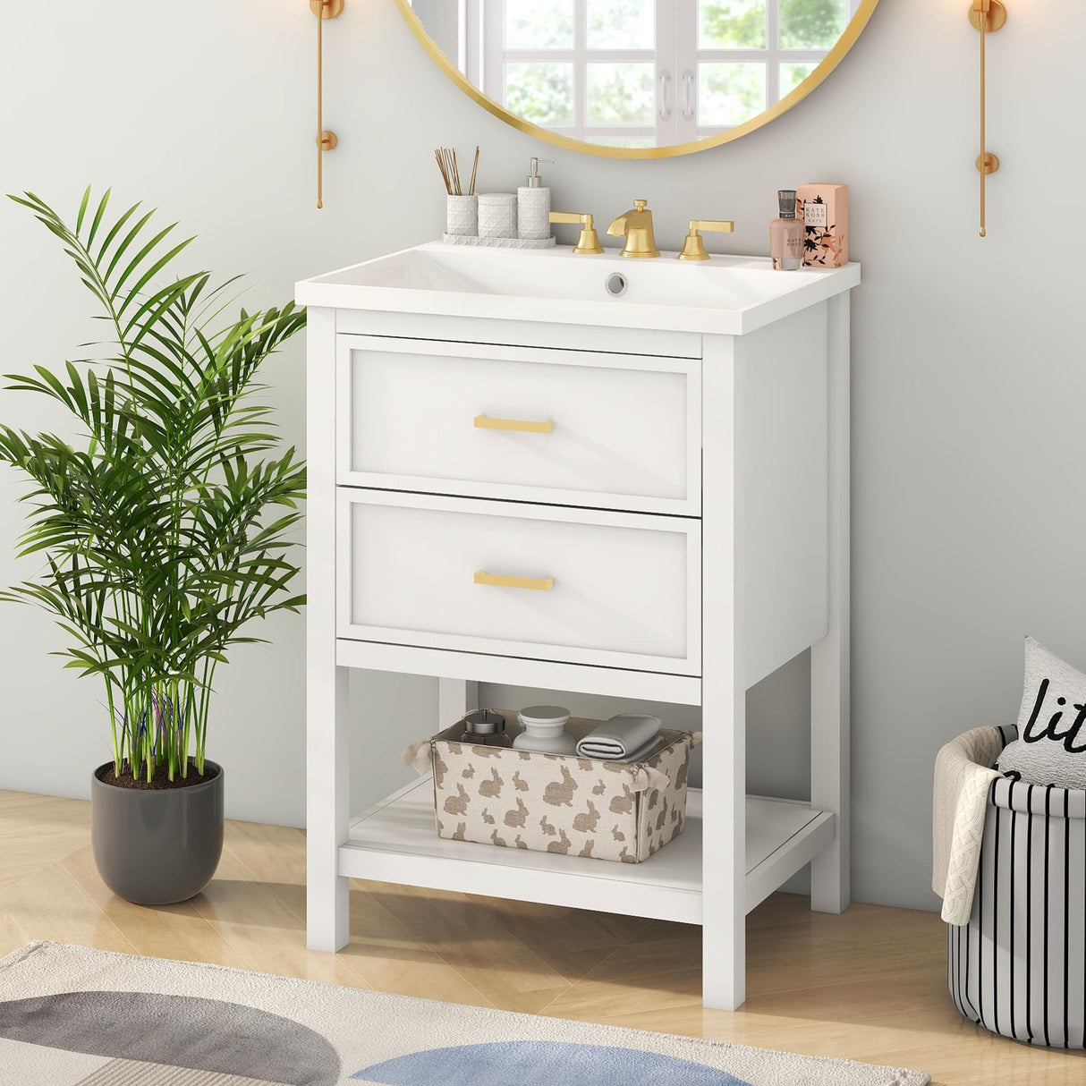 Virubi 24" Bathroom Vanities with Single Sink Combo, Modern Undermount Bathroom Sink Cabinet with Double Drawers and Open Self, Freestanding Bathroom Sink Cabinet (White) Virubi