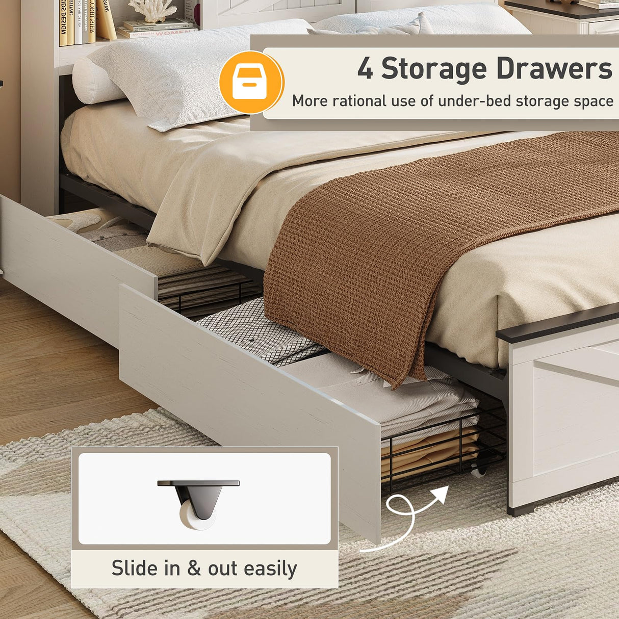 Maupvit Queen Size Farmhouse Bed Frame with 4 Drawers and LED Light, Sliding Barn Door Storage Shelves and Charging Station Metal Platform Bed Frame No Box Spring Needed, White Maupvit