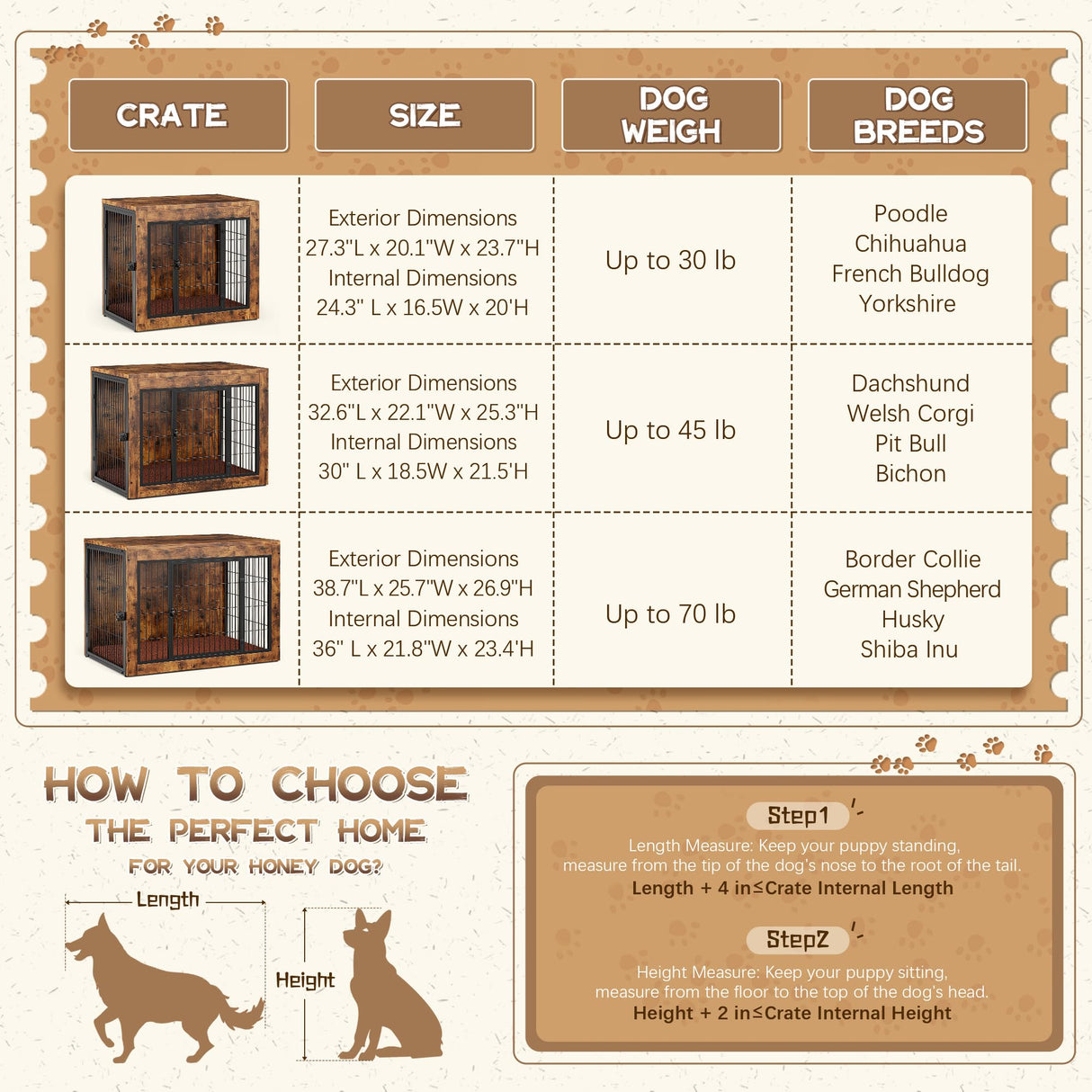 Dog Crate Furniture with Cushion, Indoor Dog Kennel with Double Doors, Side End Table Dog Cage, Pet House for Small/Medium/Large Dog, Easy Assemble (Rustic Brown, L(38.8’’x 25.7’’x27’’)) GUNJI