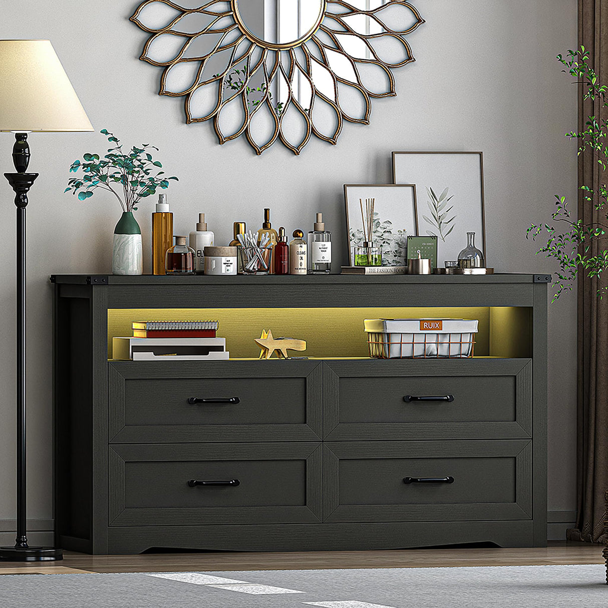 Boonatu Black Dresser for Bedroom with 4 Drawers, Black Dressers & Chests of Drawers Modern Wood Wide Storage Drawers Dressers Organizer with LED Lights for Closet, Hallway Boonatu