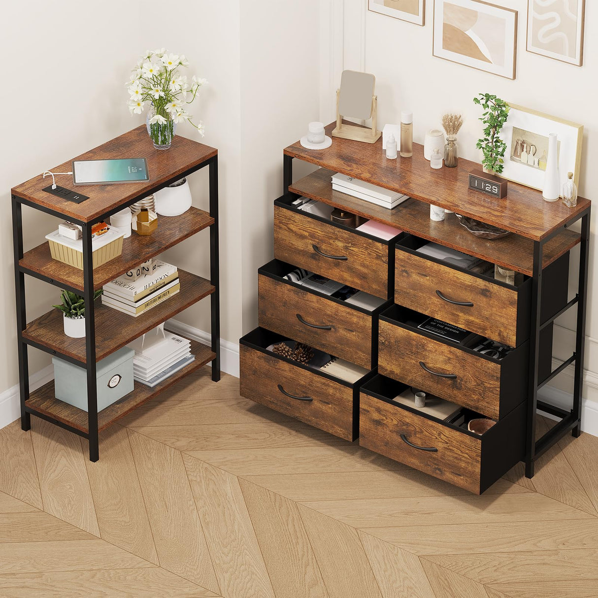 HAUOMS TV Stand for 60 Inches TV,TV Stand with Charging Station & LED Lights, 6 Fabric Drawers,Entertainment Center and Industrial TV Console Table with Shelves for Living Room, Bedroom,Rustic Brown HAUOMS