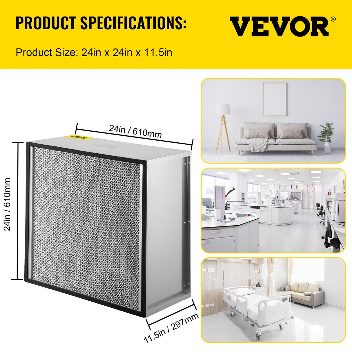 VEVOR Filter Replacement, 24'' x 24'' x 11.5'' AC Filter, HEPA Pleated Air Filter, Air Filter Replacement with Galvanized Frame, 99.97% Standard Filter Compatible for HEPA Filter Novair 2000 VEVOR