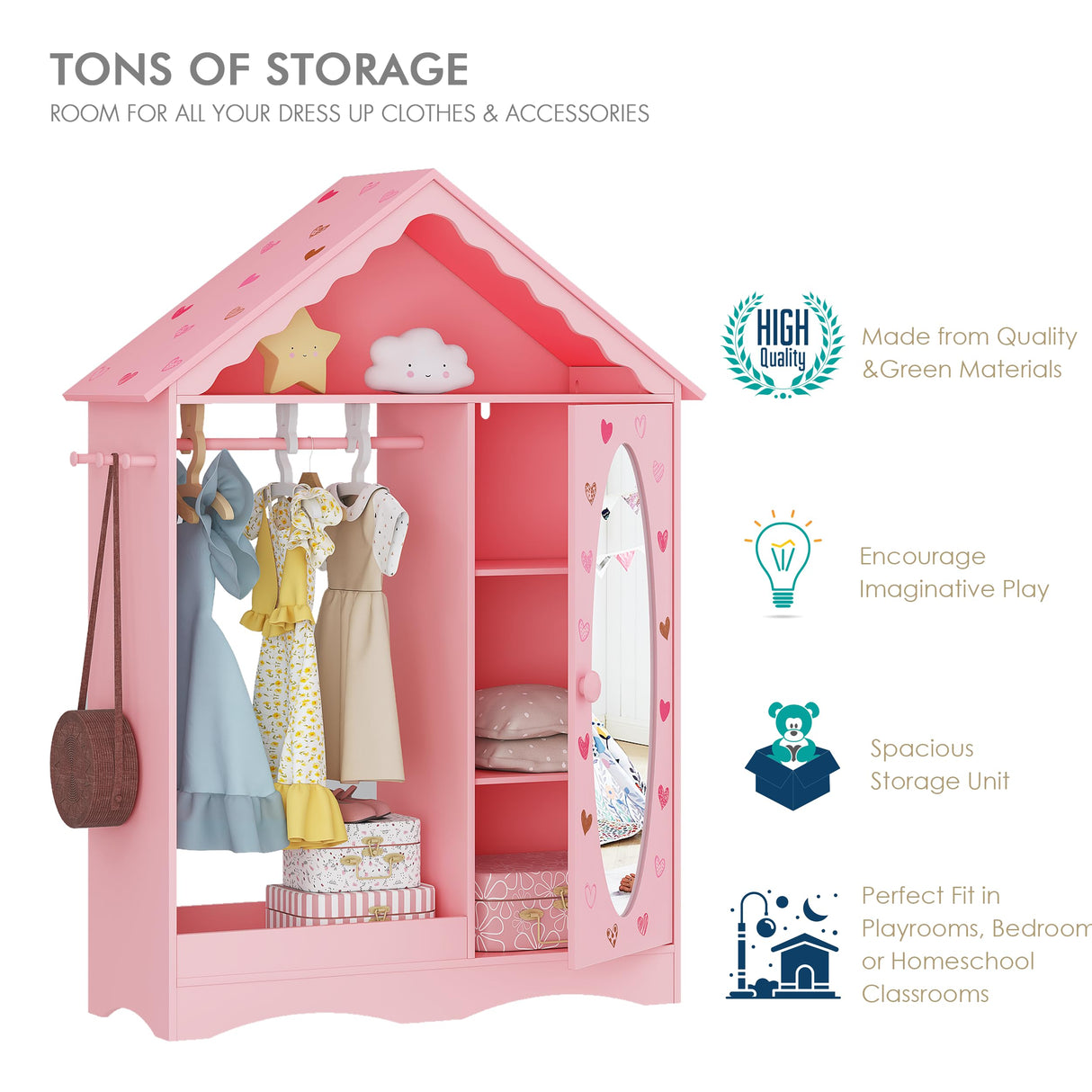 UTEX Kids Dress Up Storage with Mirror, Kids Wardrobe Closet, Dress Up Armoire for Little Girls, Open Hanging Kids Costume Organizer with Storage Cabinet for Kids Room, Playroom UTEX