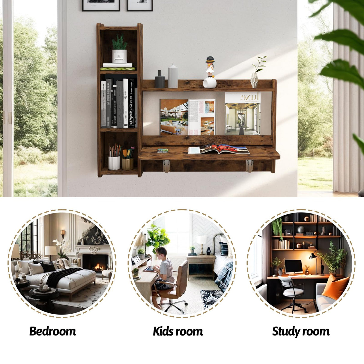 Pmnianhua Rustic Brown Floating Wall Desk with Storage - 41'' L Shaped Foldable Laptop Table for Small Spaces Pmnianhua