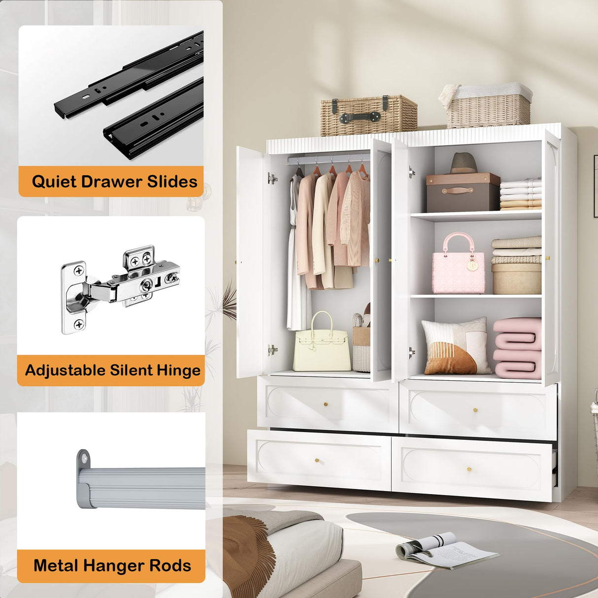 Mhsatyrs White Armoire Wardrobe Closet: 74" Tall Wardrobe Closet with 4 Doors, Wood Large Armoire with 4 Drawers, Modern Bedroom Armoires with Hanging Rod (White) Mhsatyrs