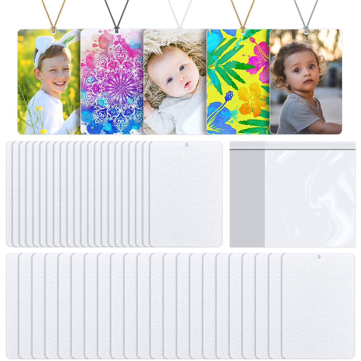 50 Pieces Sublimation Air Freshener Blanks Rectangle Shape Air Freshener Sheets for Car and Home Polyester Felt Air Freshener with 100 Elastic Drawstrings and 50 Bags for DIY HTV Inks Heat Press Chuangdi