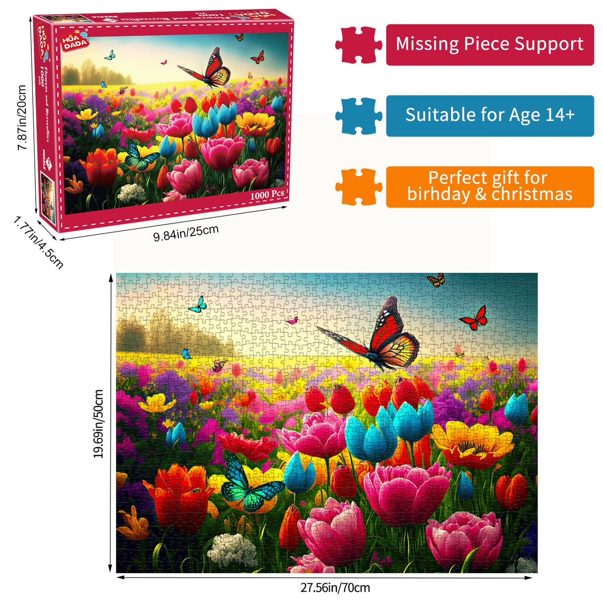 HUADADA Jigsaw Puzzles for Adults 1000 Piece Jigsaw Puzzles for Adults Challenging Game Butterfly Puzzle with Letters on Back(Butterfly and Flower) HUADADA