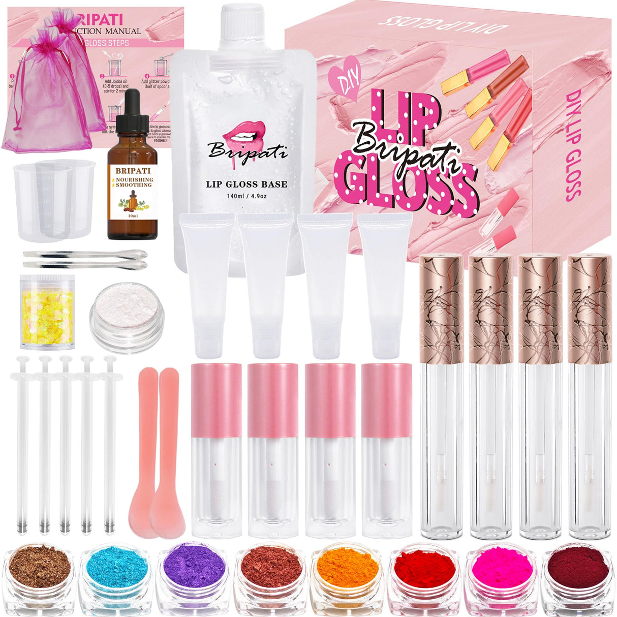 BRIPATI DIY Lip Gloss Making Kit, 46PCS DIY Lip Gloss Kit to Make Your Own Lip Gloss, Moisturizing Lip Glaze Handmade Set, Beginner Lip Gloss Kit, Lip Gloss Making Supplies Set for Women Girls BRIPATI