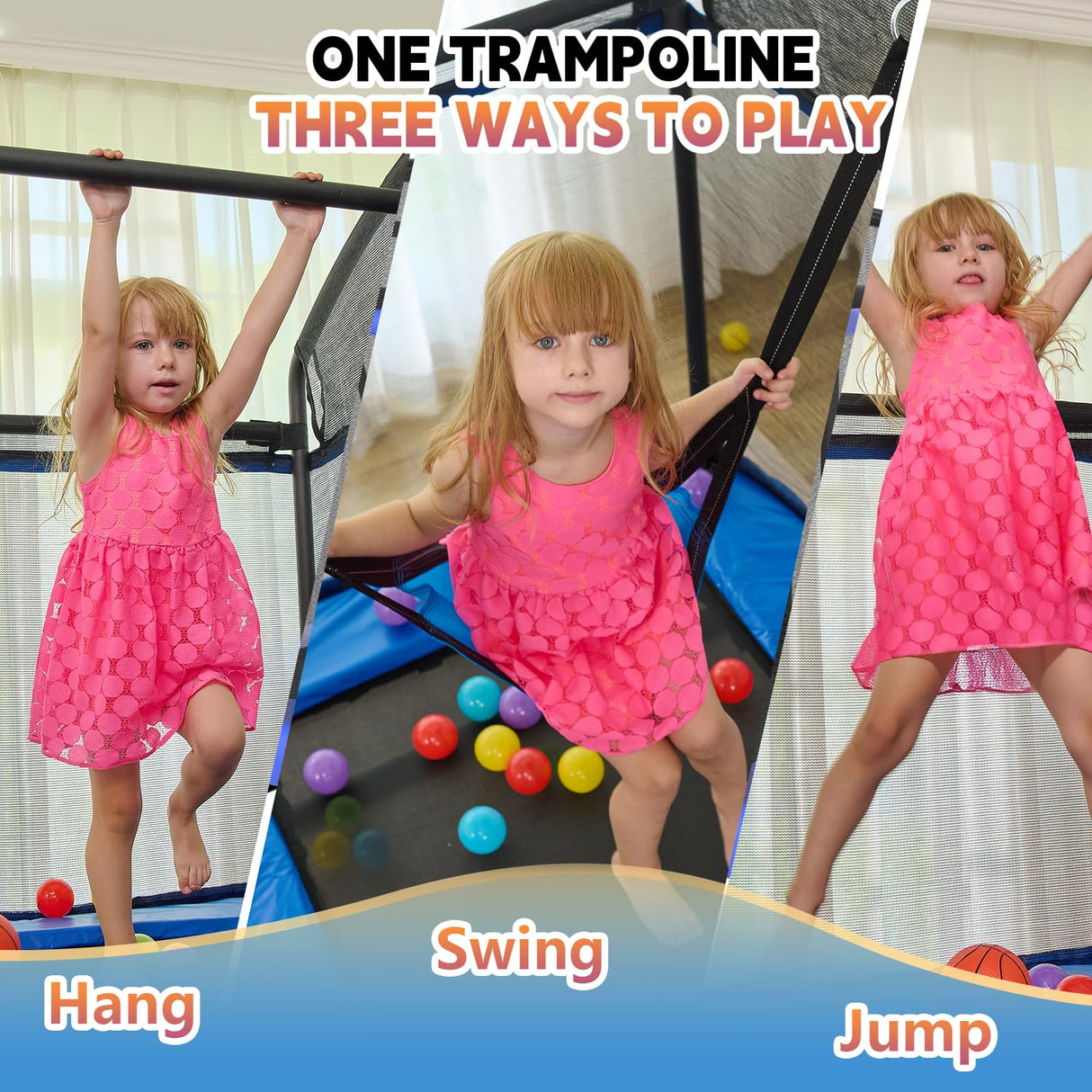 6FT Rectangle Toddler Trampoline with Swing & Horizontal Bar, Enclosure Safety Net, ASTM Approved – Indoor/Outdoor Kids Trampoline, Blue Calmmax